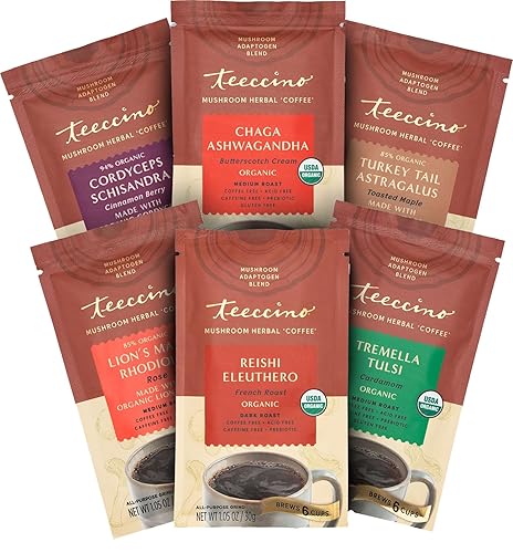 Teeccino Sampler de café de hierbas adaptógeno de hongos - 6 paquetes de tamaño de prueba - Chaga Ashwaganda, Reishi Eleuthero, Tremella Tulsi,
