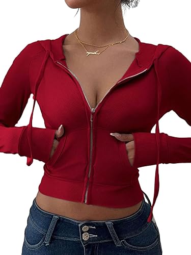 BJhaz Women's Y2k Hoodie Crop Zip Up Ribber Knit Fall