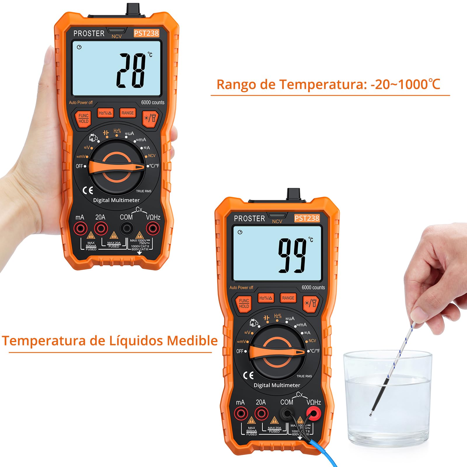 Proster Multímetro Digital 6000 Cuentas NCV TRMS Polímetro Profesional Rango Automático con Pinzas Cocodrilo para Prueba de Voltaje Corriente DC/AC Resistencia Capacitancia Continuidad Temperatura