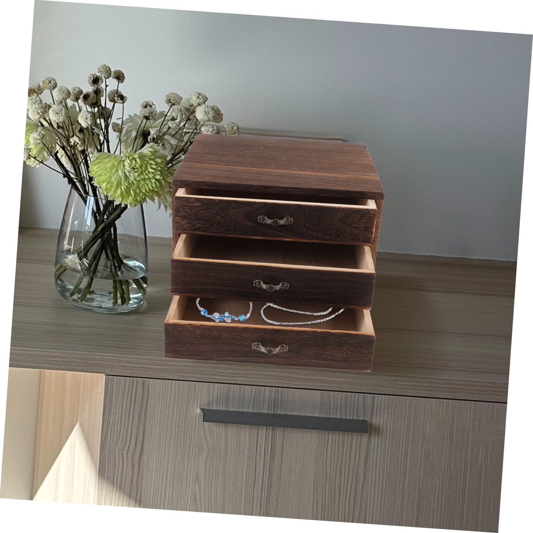 Holz Aufbewahrungsbox mit 3 Schubladen Schreibtisch Organizer aus Massivholz Stapelbare Vintage Kasten für Schmuck Büro und Wohnraum