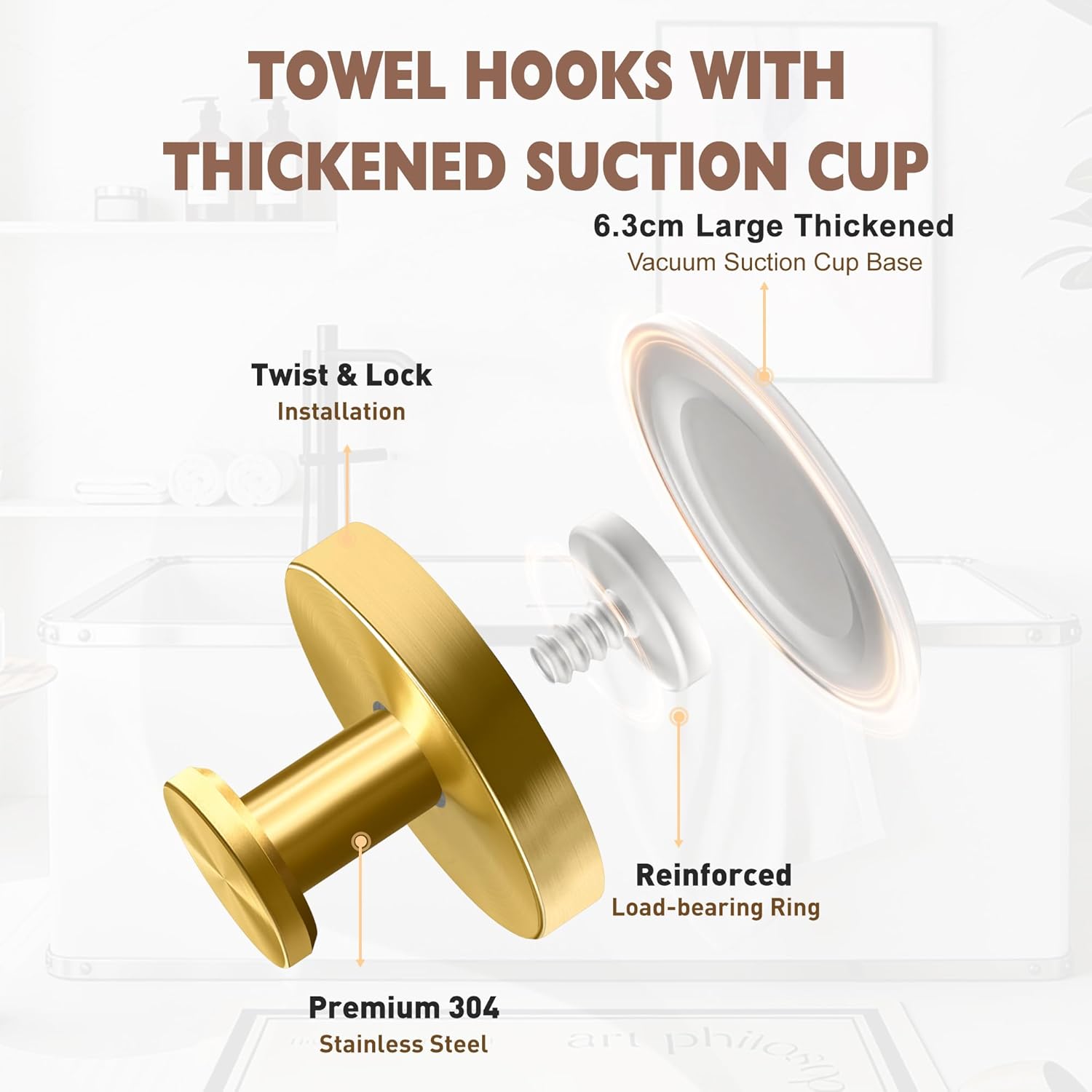 MOTAIPEAK Suction Cup Hooks for Shower,Upgraded Strong Suction Hooks for Inside Shower,Removable Towel Hooks for Bathroom, Glass, Window, Tile,Waterproof & Reusable, No Drilling,Gold (4 Pack)
