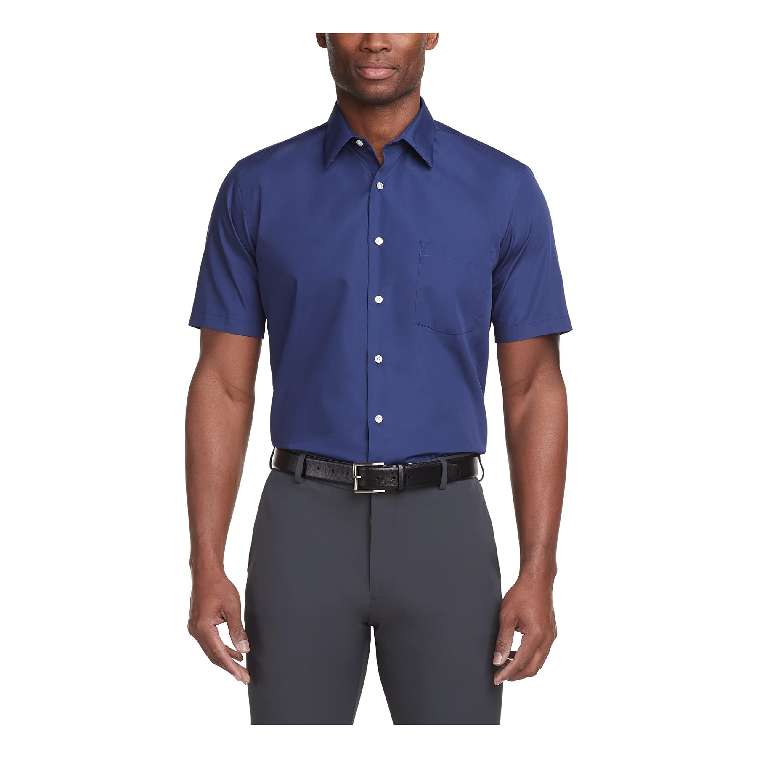 Van Heusen Men's Short Sleeve Dress Shirt Regular Fit Poplin Solid, Persian Blue, 18.5" Neck
