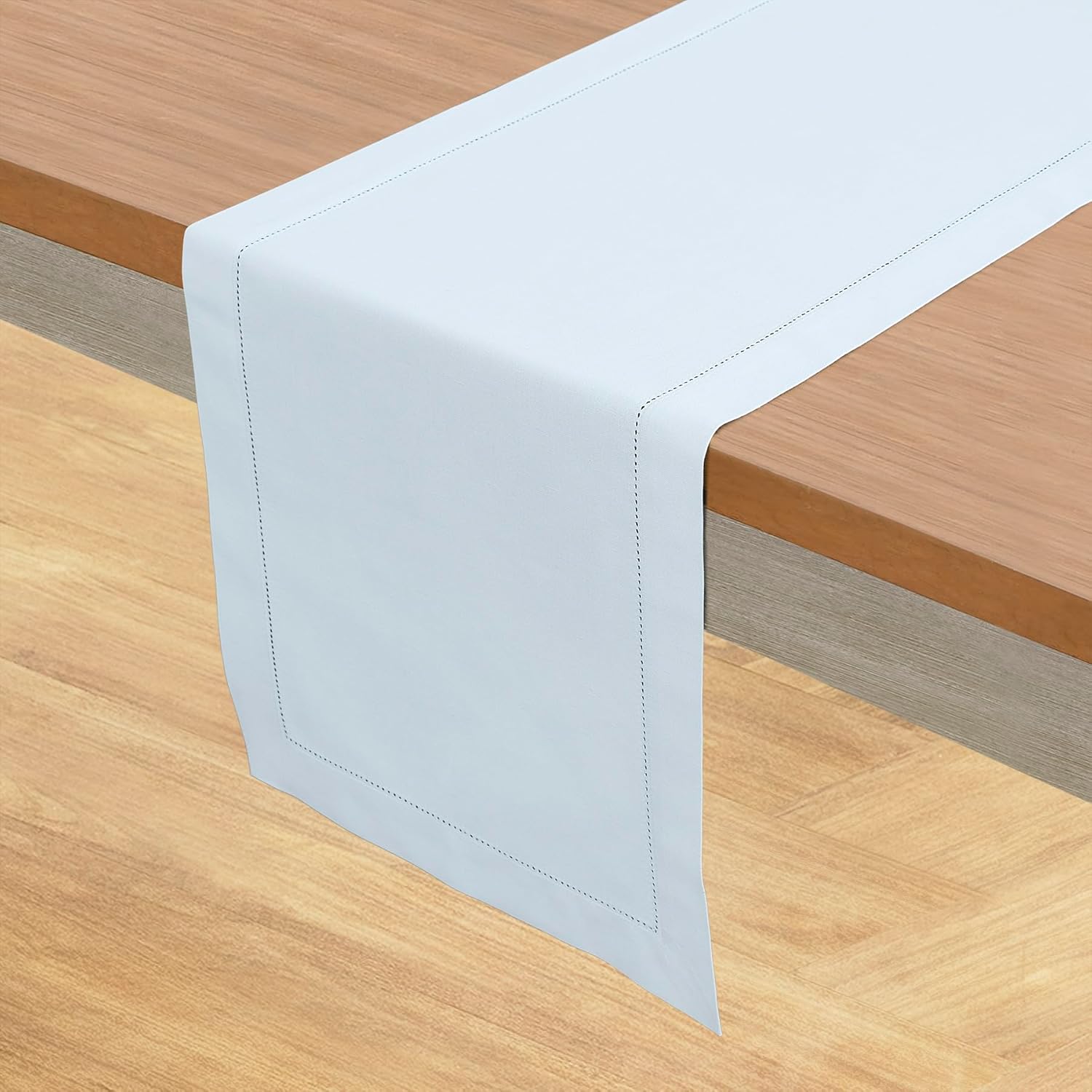 Solino Home Table Runner 108 Inches Long - Cotton Linen Hemstitch Light Blue Table Runner 14 x 108 Inch for Spring, Easter, Mothers Day