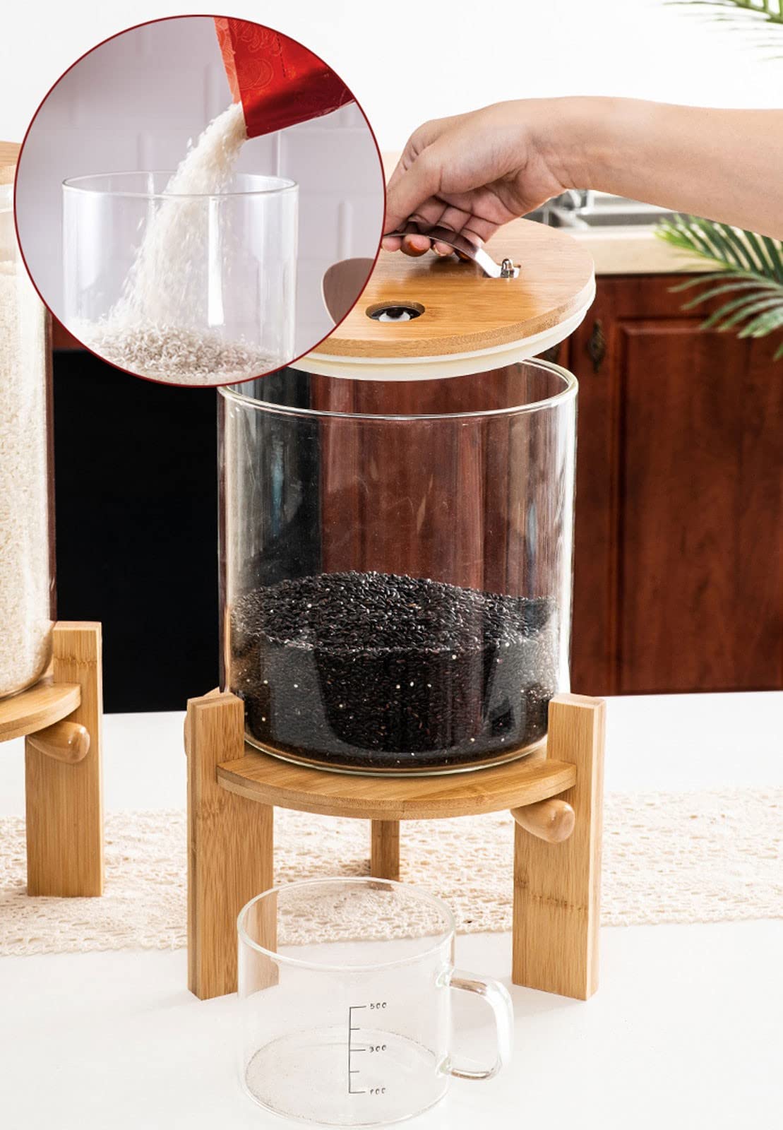 Dispenser di riso, contenitore per la conservazione cereali di riso ermetico a prova di polvere, ripiano distributore di cereali in vetro, misurino + supporto in legno di bambù, a prova di umidità p