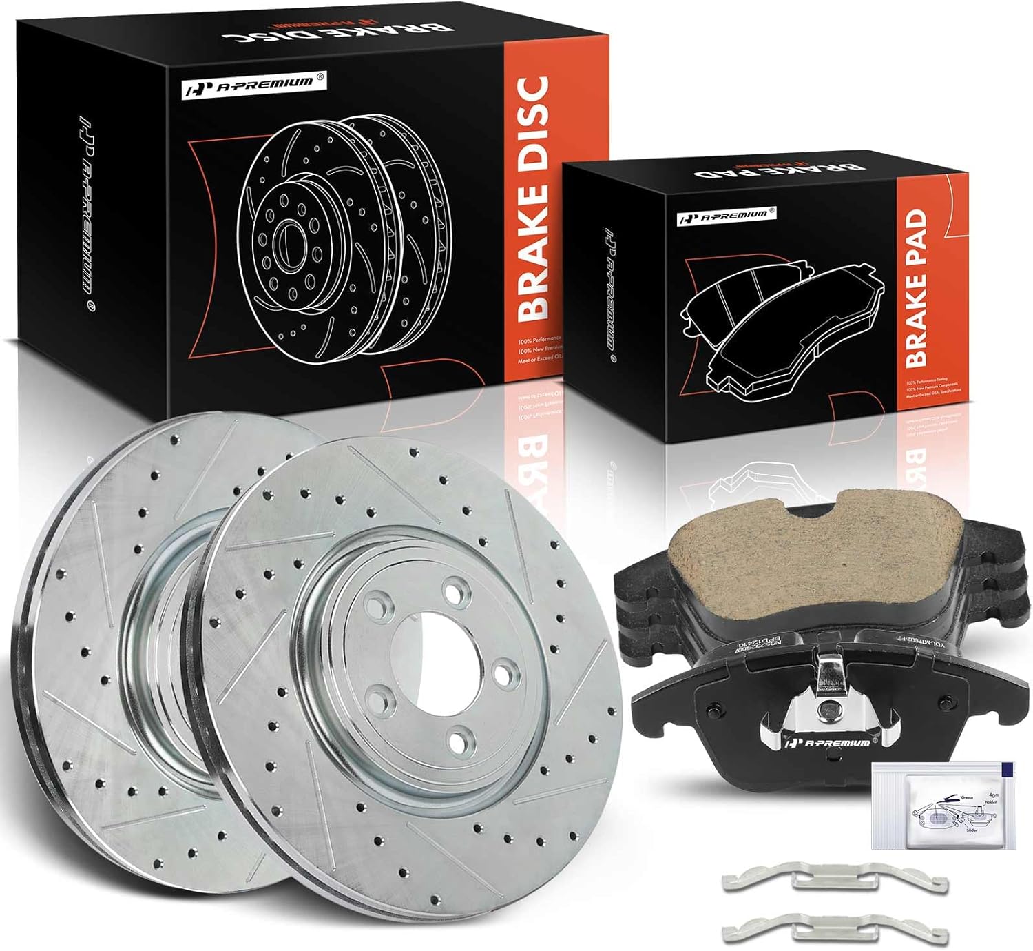 A-Premium 12.83 inch (326mm) Front Drilled and Slotted Disc Brake Rotors + Ceramic Pads Kit Compatible with Select Jaguar Models - XF 2009-2010 2013-2015, XJ8, XK, S-Type, Vanden Plas, 6-PC Set