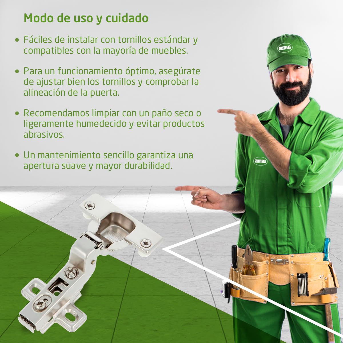 Amig - Pack de 20 Bisagras de Cazoleta Superacodada - Ø35 mm - Acero Niquelado - Pestillo de Apertura Rápida - Instalación Oculta para Muebles - Tacos y Tirafondos Premontados