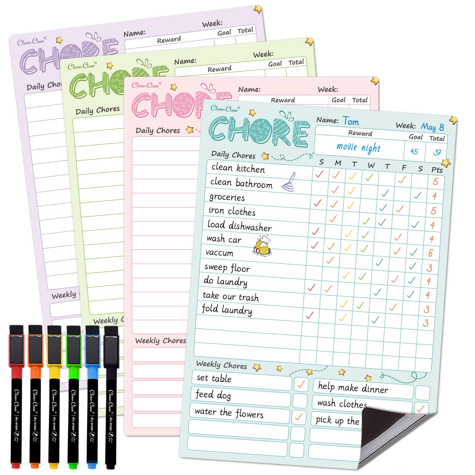 Magnetic Dry Erase Chore Chart - 8.5"x12" Behavior Responsibility Chore Board for Kids, Teenagers - 6 Extra Fine Point Markers Included - Shipped Flat 4 Pcs