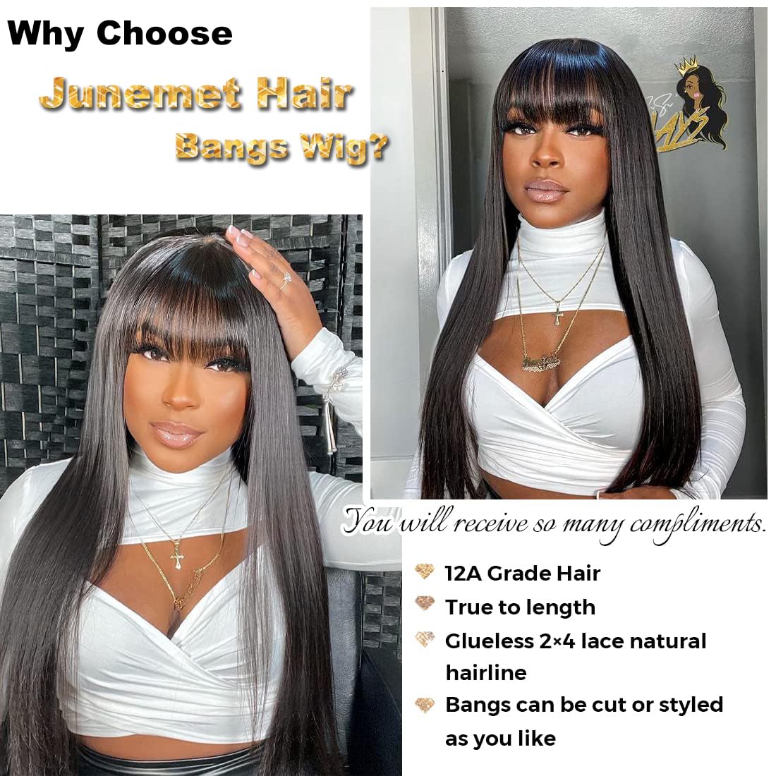 Junemet Straight Human Hair Wig with Bangs Wear and Go Glueless Bone Straight Closure 2X4 Lace Front Brazilian Glueless Black Wig with Fringe Human Hair Wigs 18 Inch - Image 3