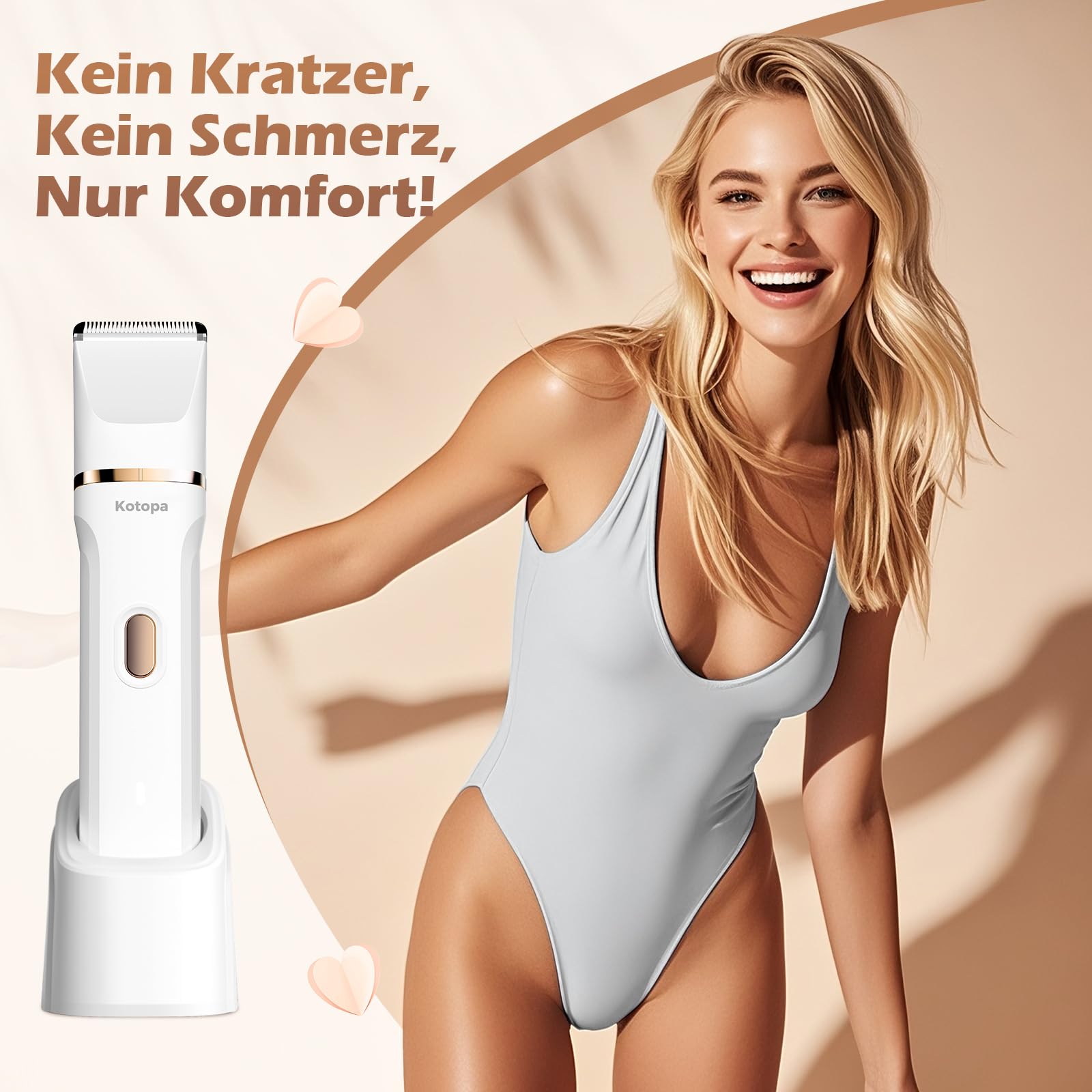 Kotopa Intimrasierer für Frauen, Elektrischer Rasierer Damen mit 3 Aufsätzen, kabelloser und wiederaufladbarer Trimmer Damen für Intimbereich, Gesicht und Beine, Hautschonend & sanft (Weiß)
