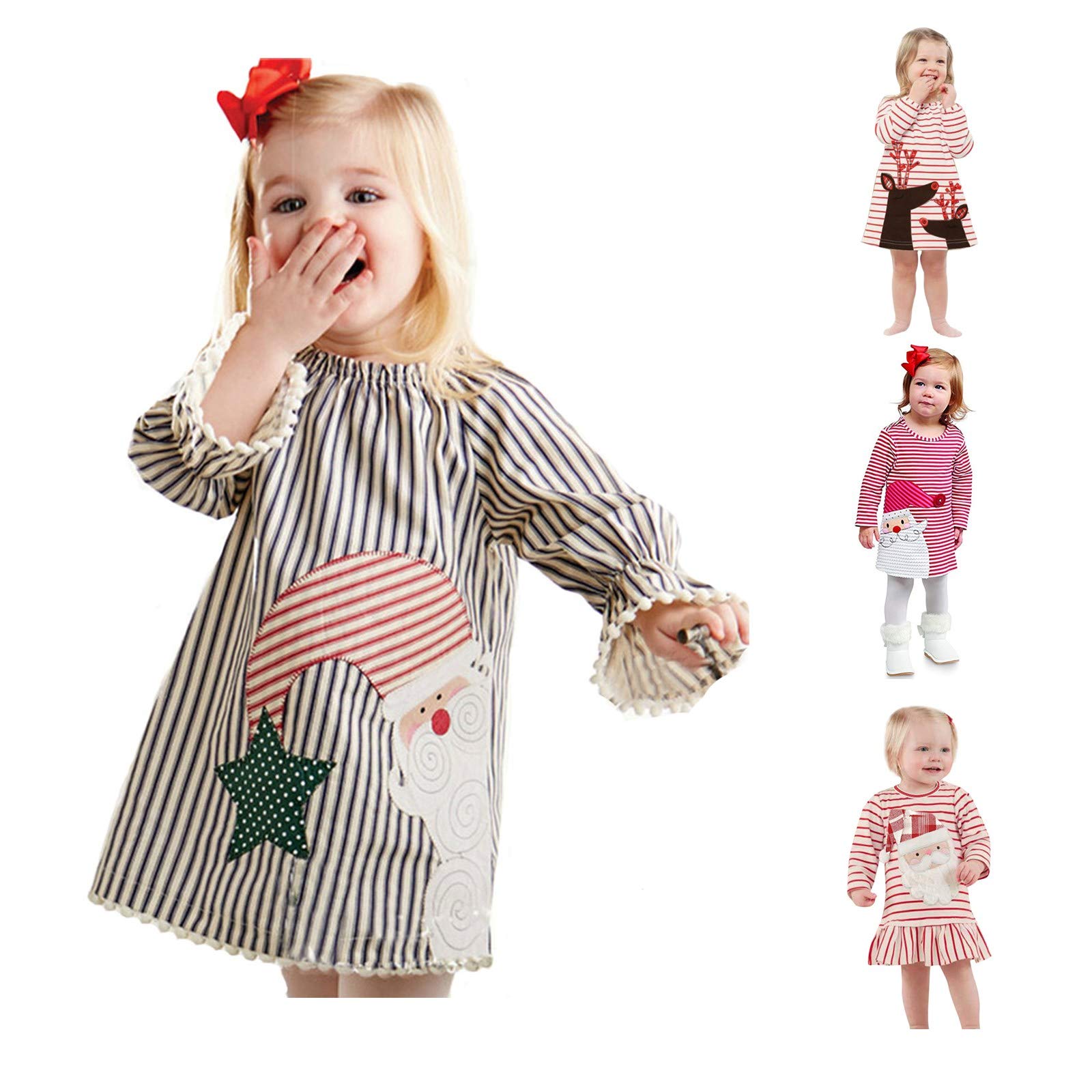 AKIWOS Toddler Baby Girl Christmas Dress Long Sleeve Crew Neck Stripe Santa Prints Casual Party Princess Dresses