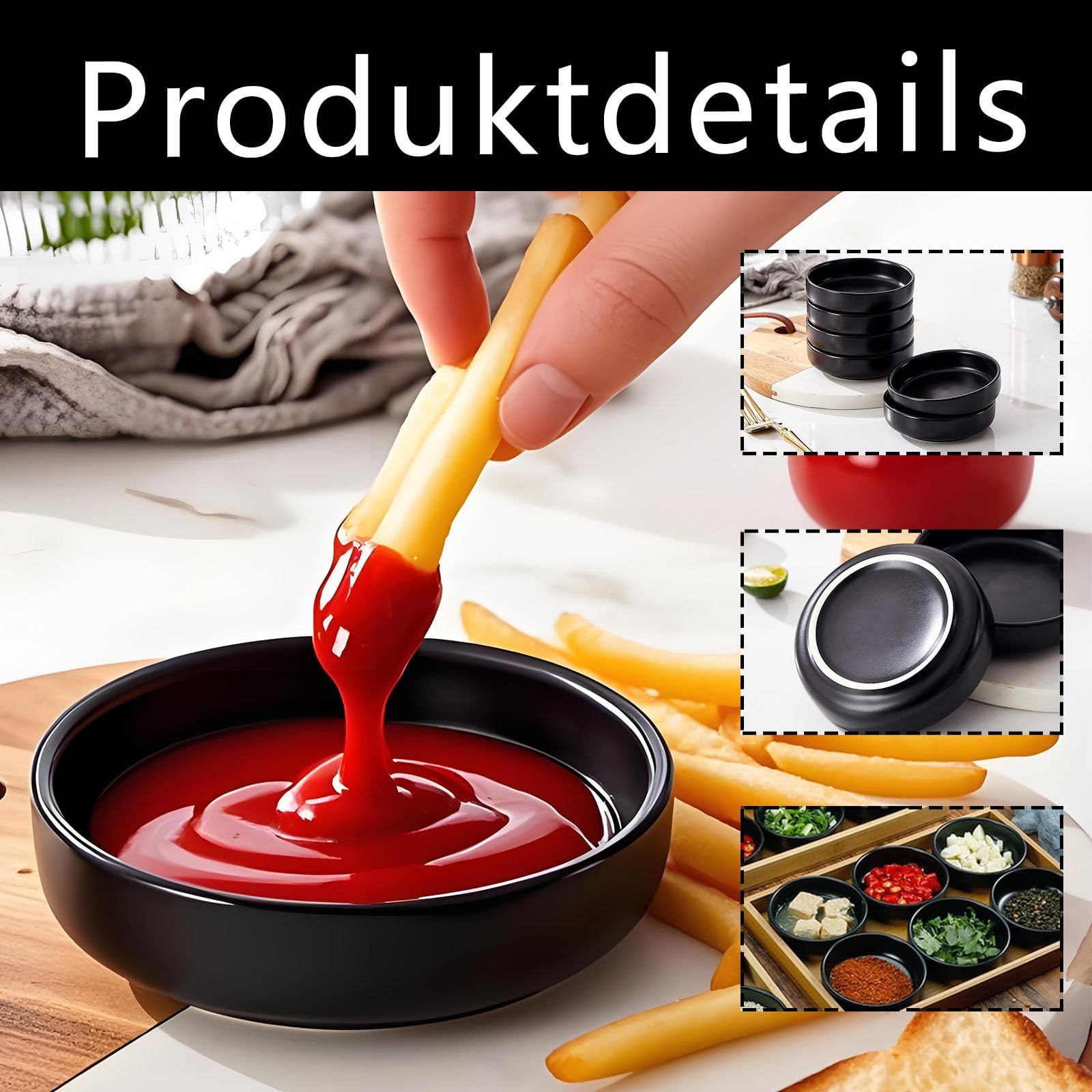 6 stuks serveerschalen, set van 6 stuks, 8,7 cm x 2,5 cm, snackschalen, dessertkommen, sojasaus, dipschaaltjes, dipschalen, set voor sushi, dessert, ketchup, sauzen, dips, specerijen, snacks (zwart