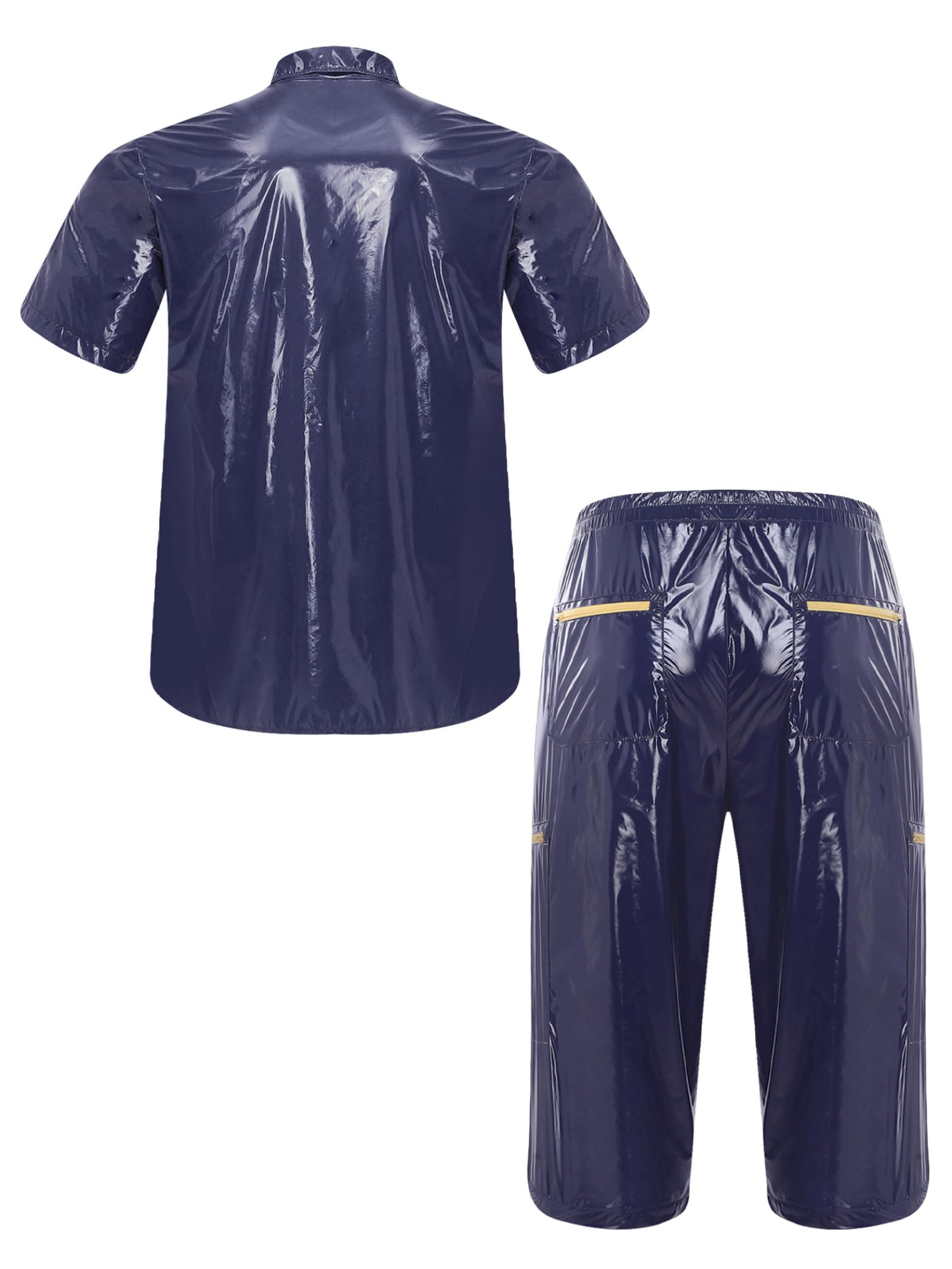 Uomo Look Wetlook Abito Due Pezzi Camicia E Pantaloni Corti Party Discoteca Outfit Blu scuro L