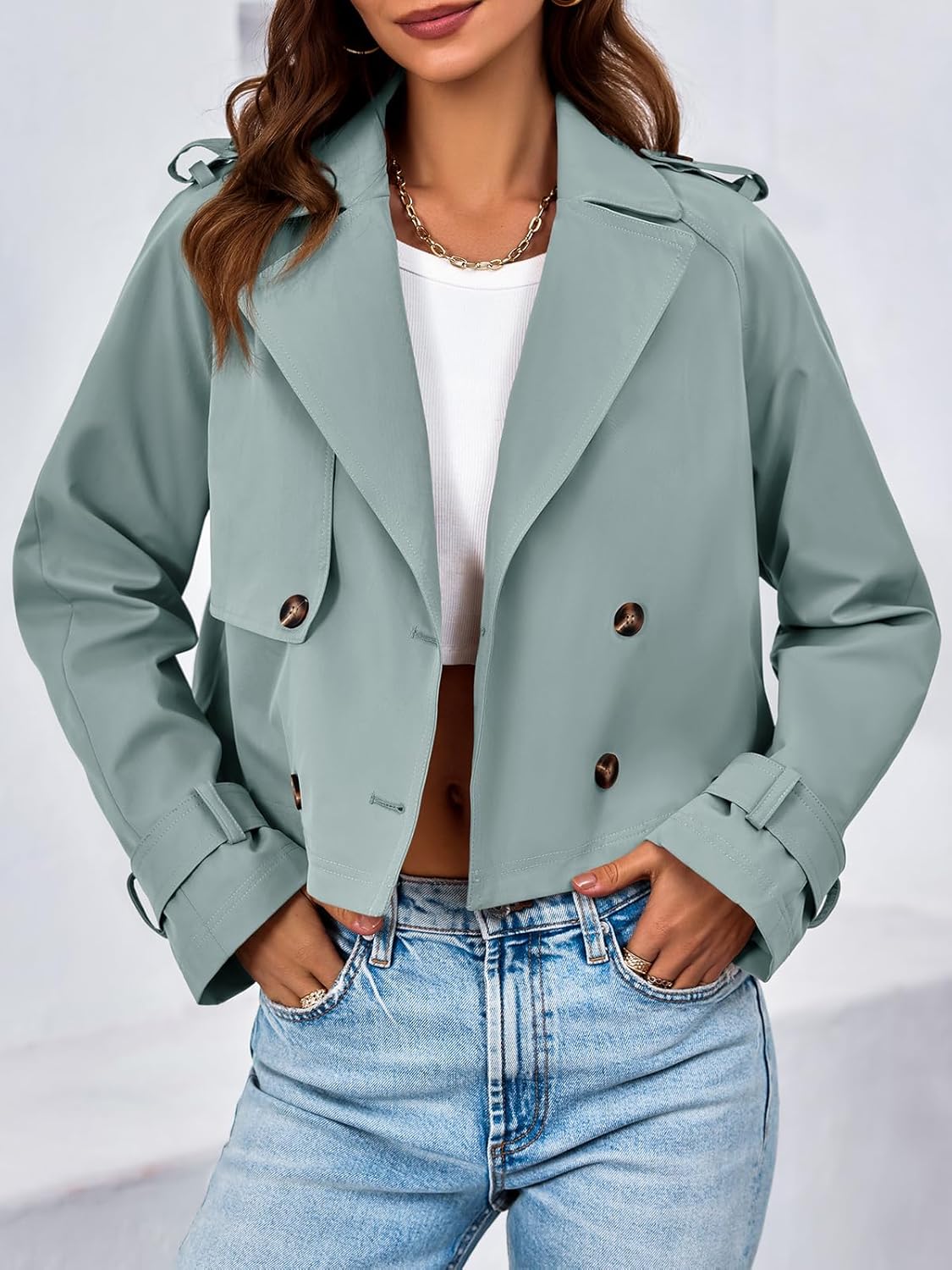 Tankaneo Womens Cropped Trench Coat Lapel Double Breasted Short Jacket Outwear - Image 2