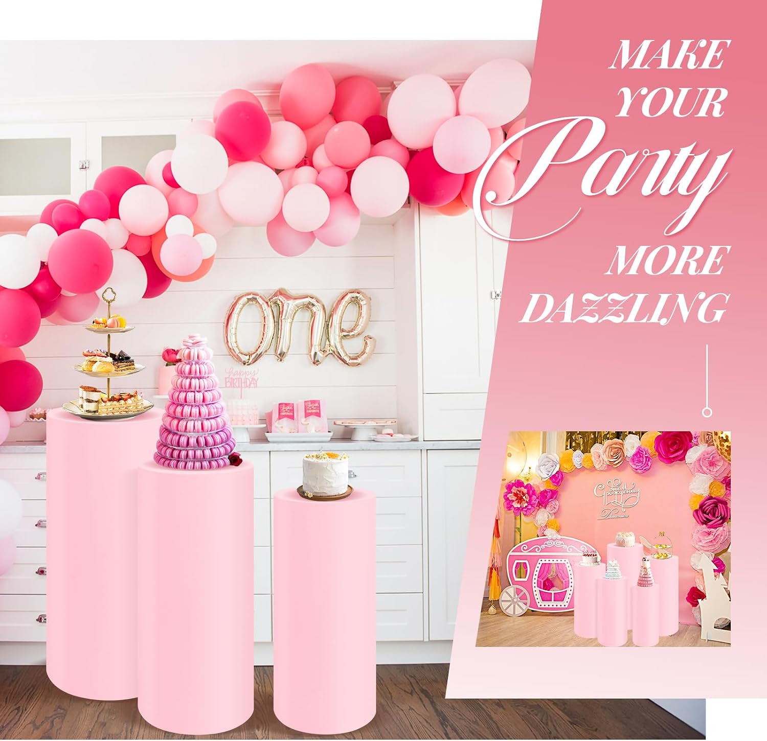 Spandex Cylinder Pedestal Stand Covers Set of 5 Pink Round Cylinder Tables Covers Cylinder Plinth Display Box Stand Covers for Party Wedding Event Decoration (Cylinder Stands not included)