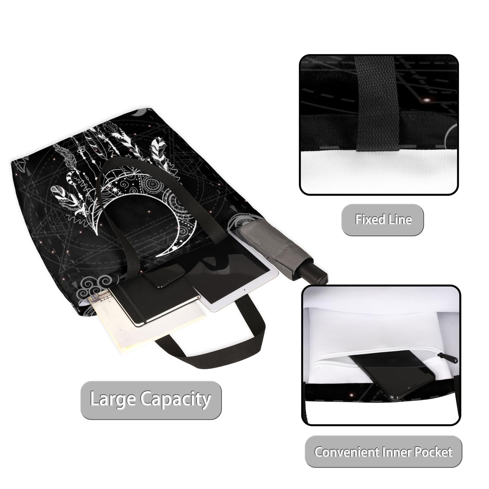 Mularoka Hand Painted Crescent Moon Dreamcatcher Large Capacity Canvas Tote Bag Stylish Handheld Shoulder Bag Reusable Shopping Bag for Work Travel Beach Trips Shopping