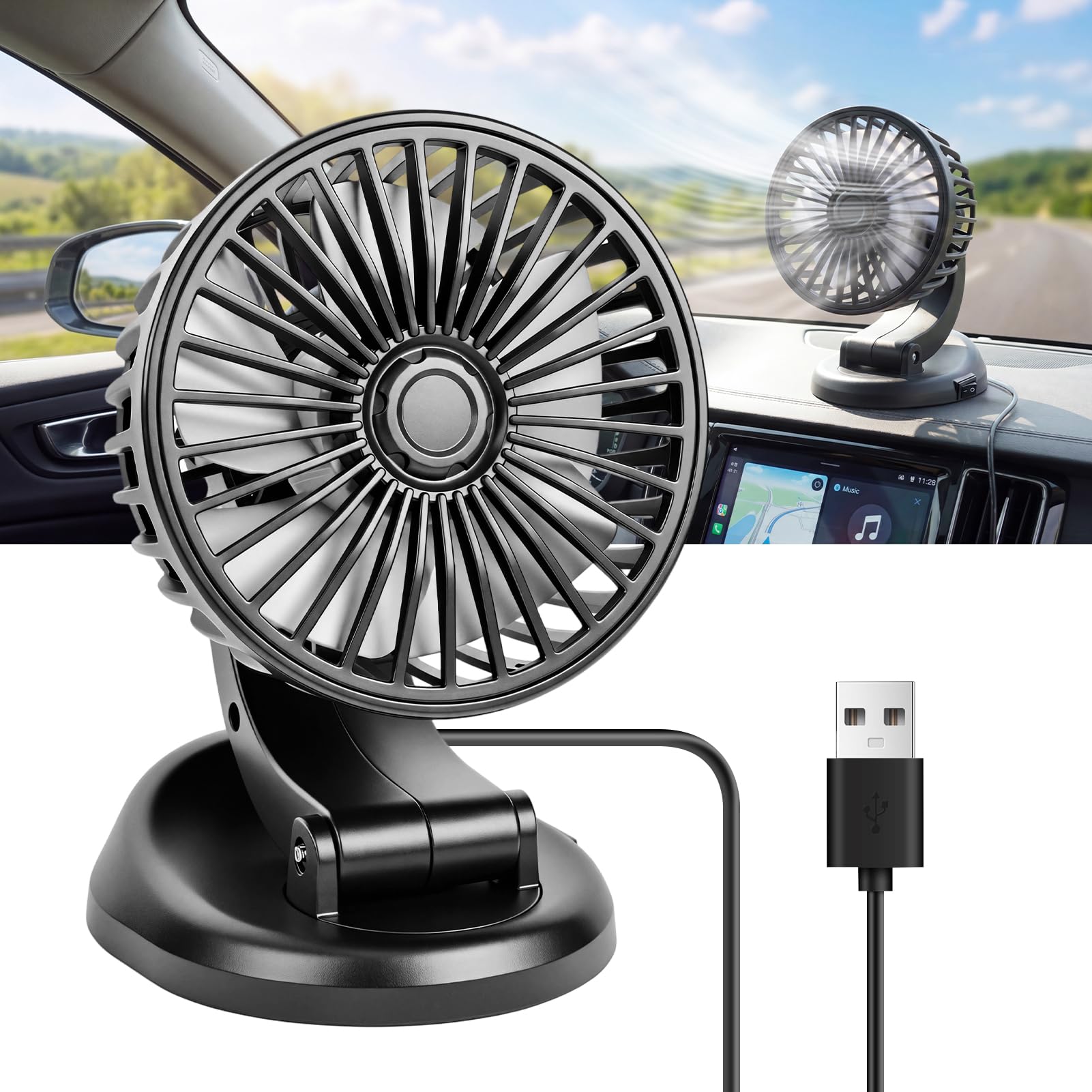 Coikes Ventilateur de Voiture 5V Ventilateur de Refroidissement de Voiture Rotatif à 360° Ventilateur de Véhicule USB Ventilateur de Bureau pour SUV RV Bateau Véhicules Camping (Noir, A)