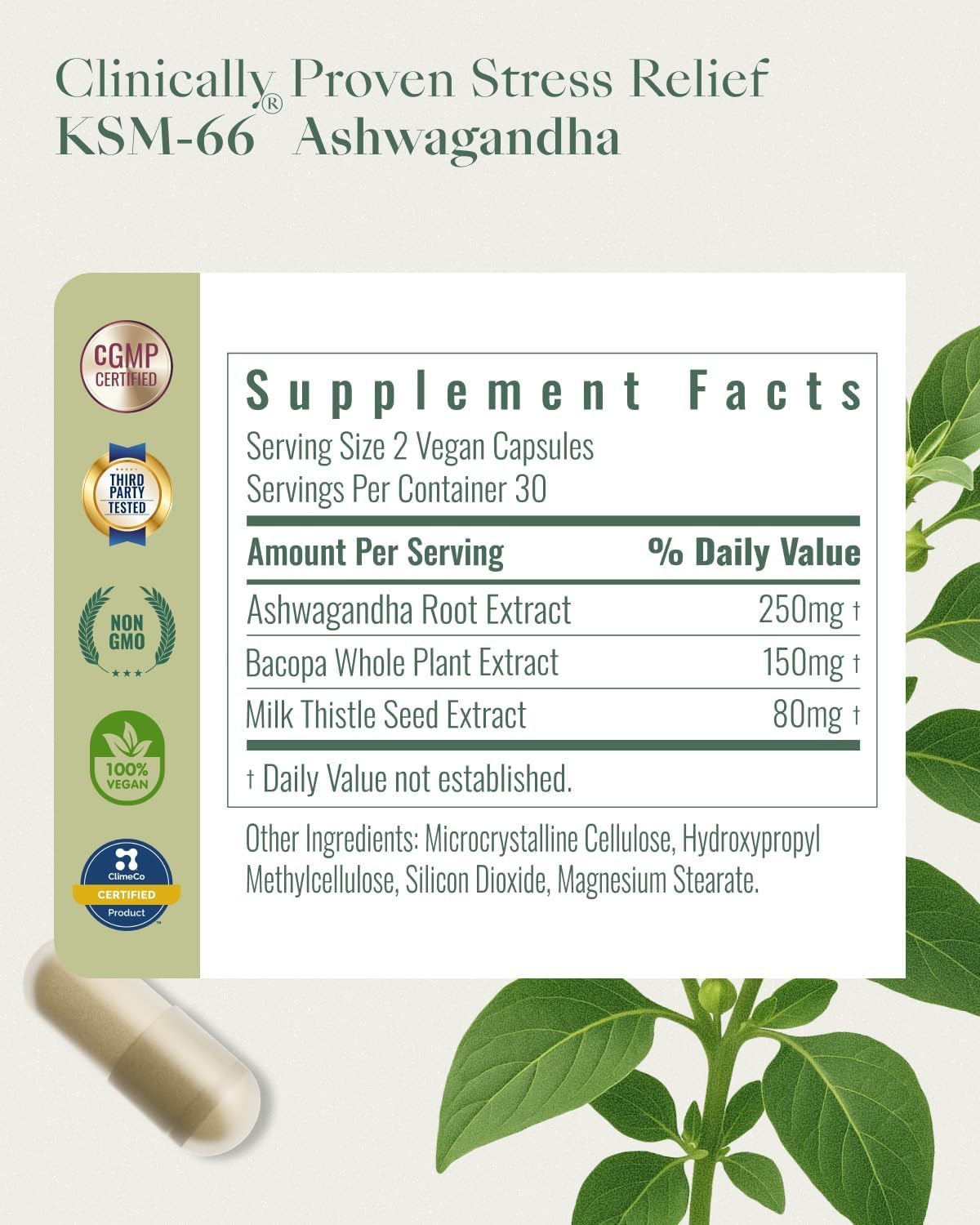 Ashwagandha Supplements for Women & Men - KSM-66® with Bacopa & Milk Thistle, 60 Vegan Capsules - Stress Relief, Mood, Cortisol Support, Extra Strength Ashwagandha Capsules - Image 3