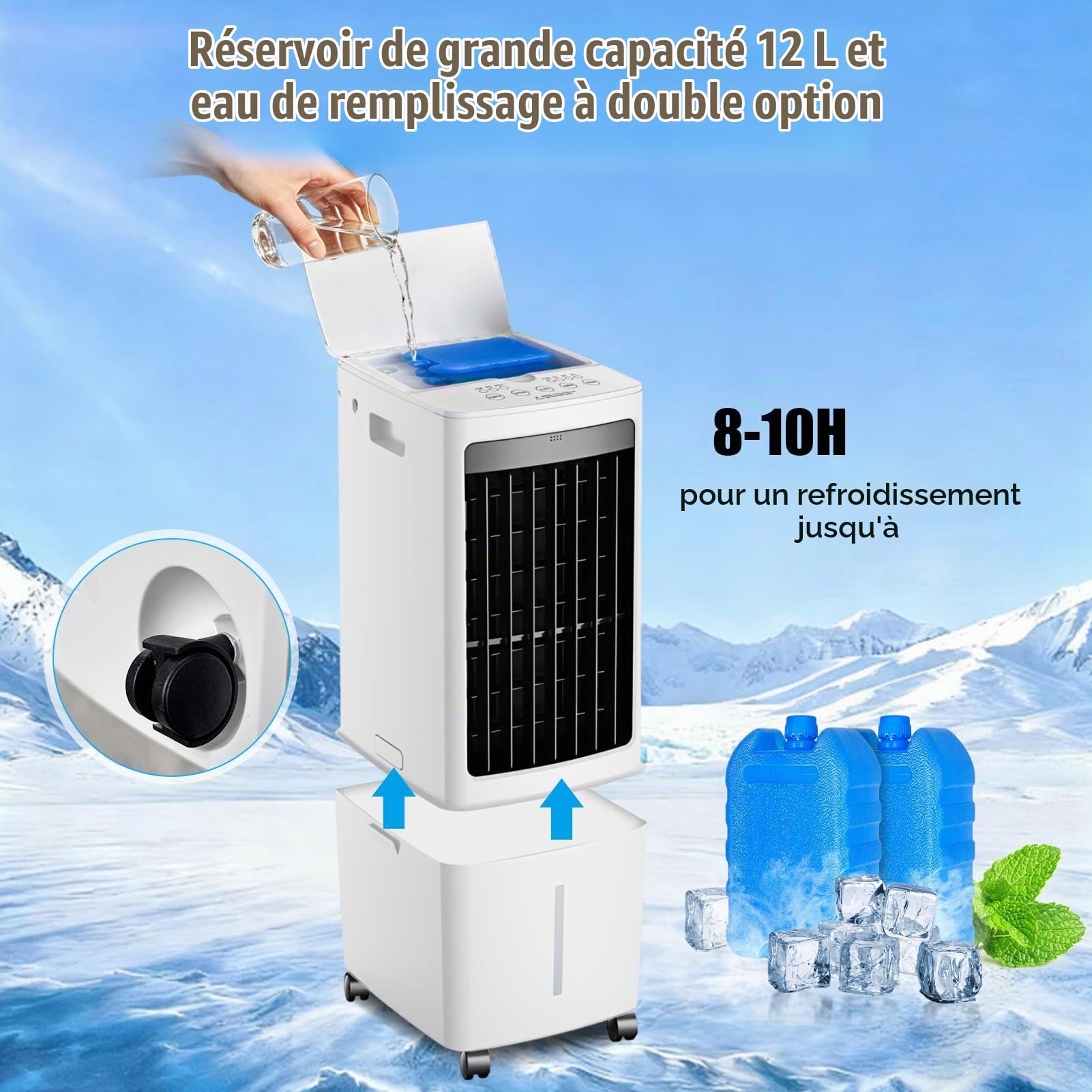 Rafraîchisseur D'air Portable 12L, Refroidisseur Évaporatif Avec Télécommande, 3 Vitesses, Minuterie 12H, Écran Tactile, Portée D'air De 6,8m Pour Chambre, Bureau Et Maison