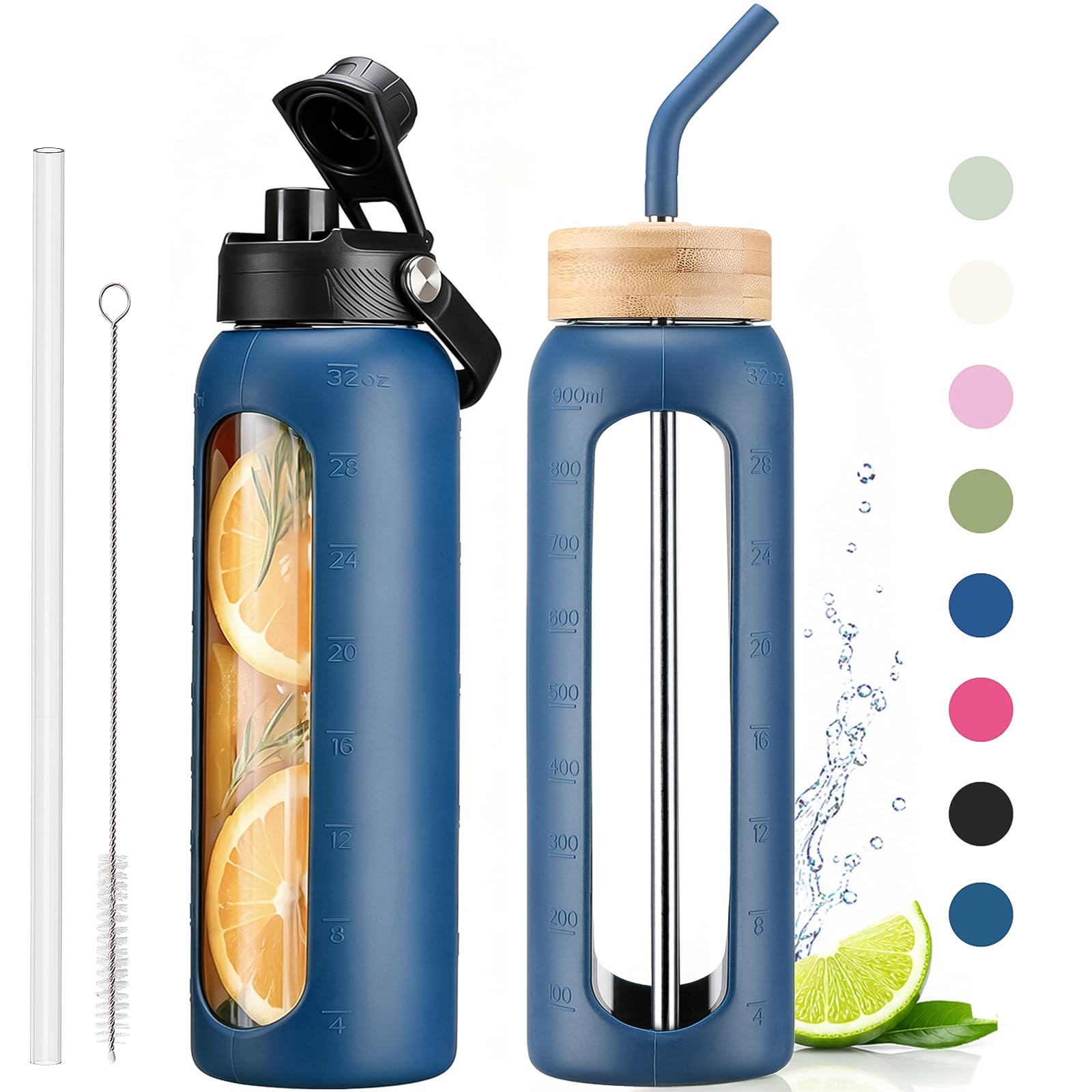32 oz Glass Water Bottle with Straw and 2 Lids, Navy Blue