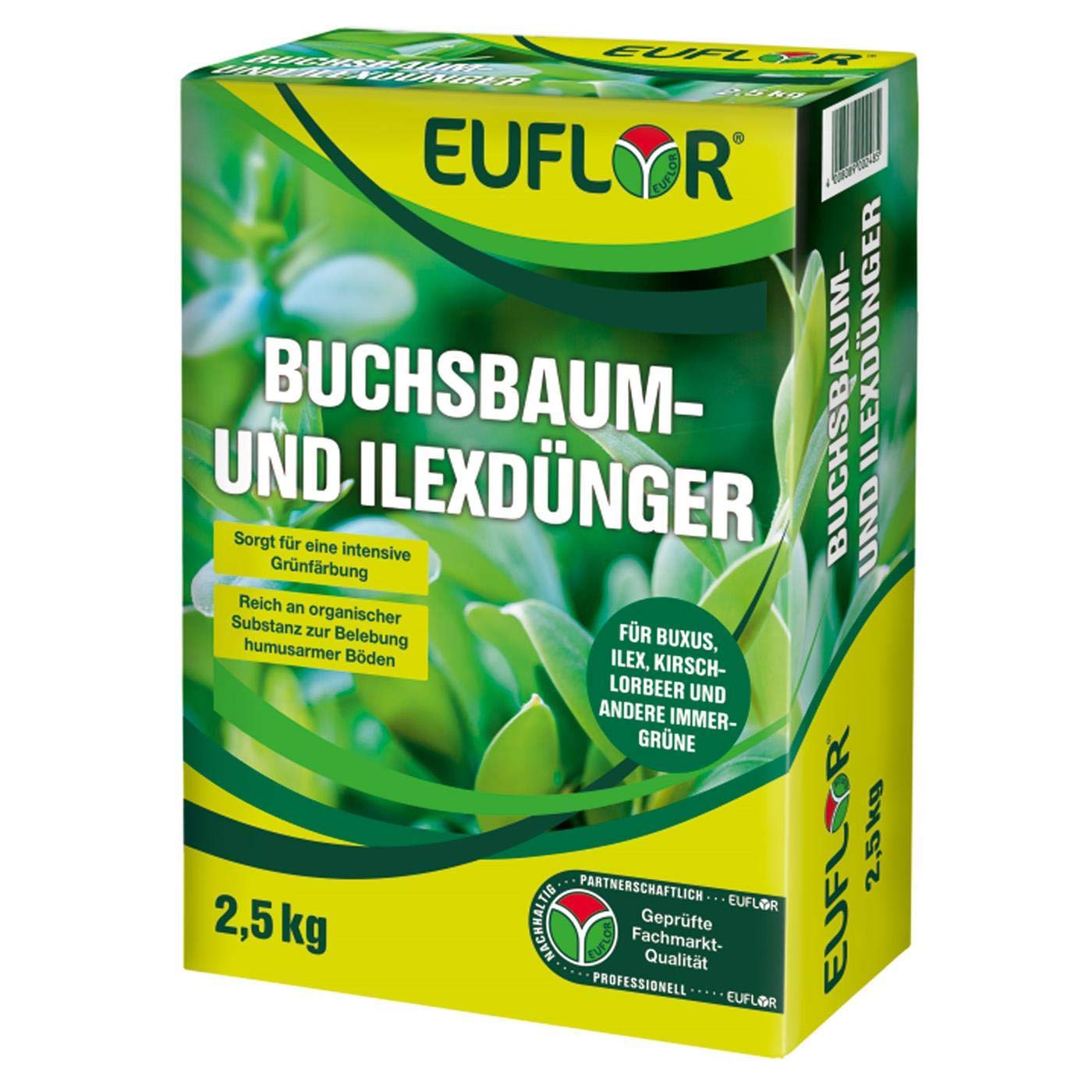 Euflor Boxwood and Ilex Fertiliser 2.5 kg Folding Box Special Fertiliser for Buxus, Ilex, Cherry Laurel and Evergreen Foliage Woods Organic and Mineral Special Fertiliser For Thick Growth and Intense