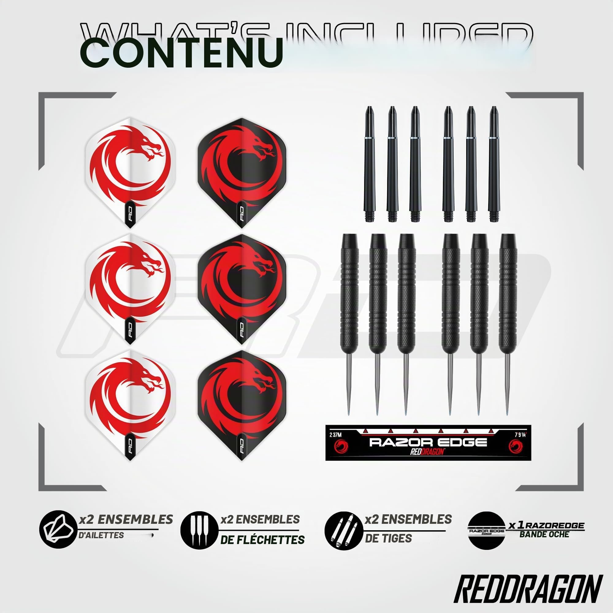 Red Dragon Razor Edge Jeux de fléchettes Professionnels – Tournoi de qualité Standard et Design Dragon Durable avec 2 fléchettes à Pointe en Acier et Laiton.