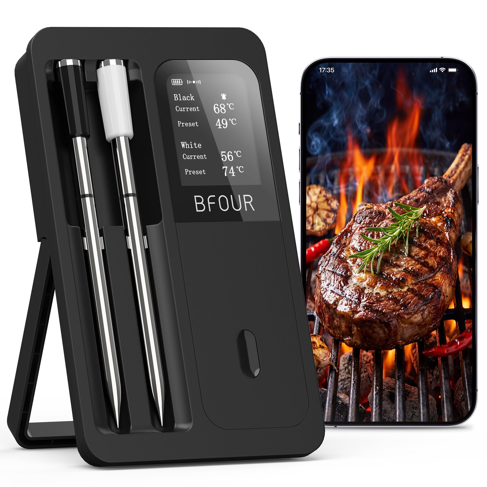 BFOUR Termometro per carne senza fili con 2 sonde, app allarme per barbecue e forno | misurazione della temperatura, carne