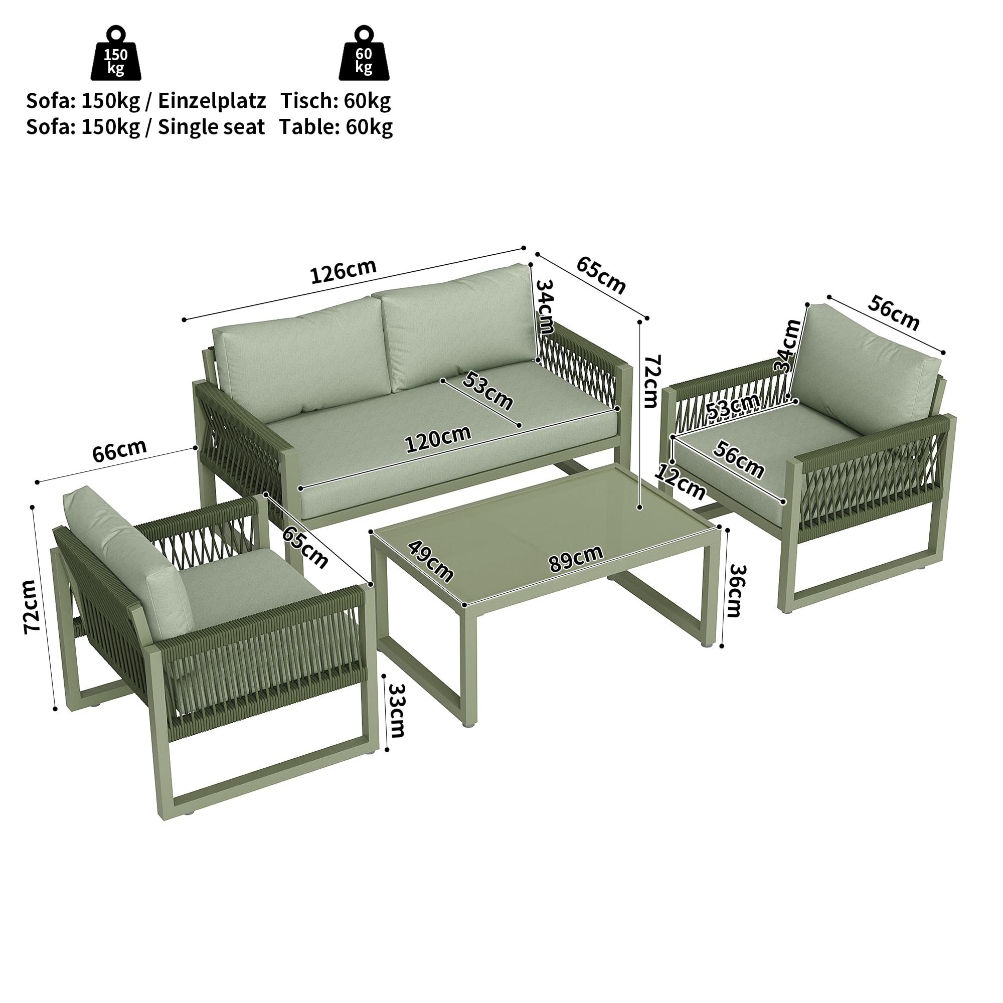 Kayan Set di mobili da giardino resistenti alle intemperie, per 4 persone, per esterni, con cuscini, 2 poltrone, panca da giardino, tavolo, con telaio in ferro zincato, per giardino, terrazza, balcone