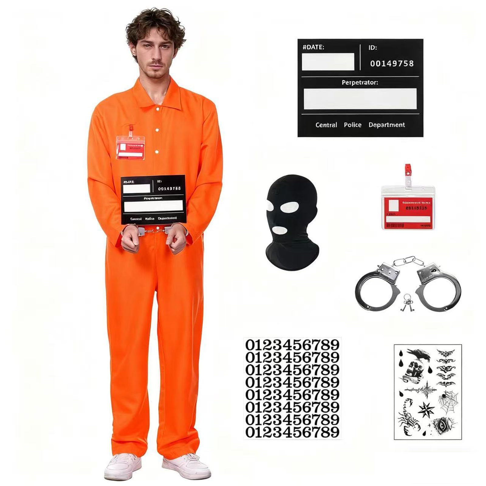 Effluvcy Prisoner Costume Men Orange Prison Jumpsuit Halloween Costumes for Adults Prisoner Overalls Fancy Dress Costume Convict Boiler Suit (Long Sleeve, M)