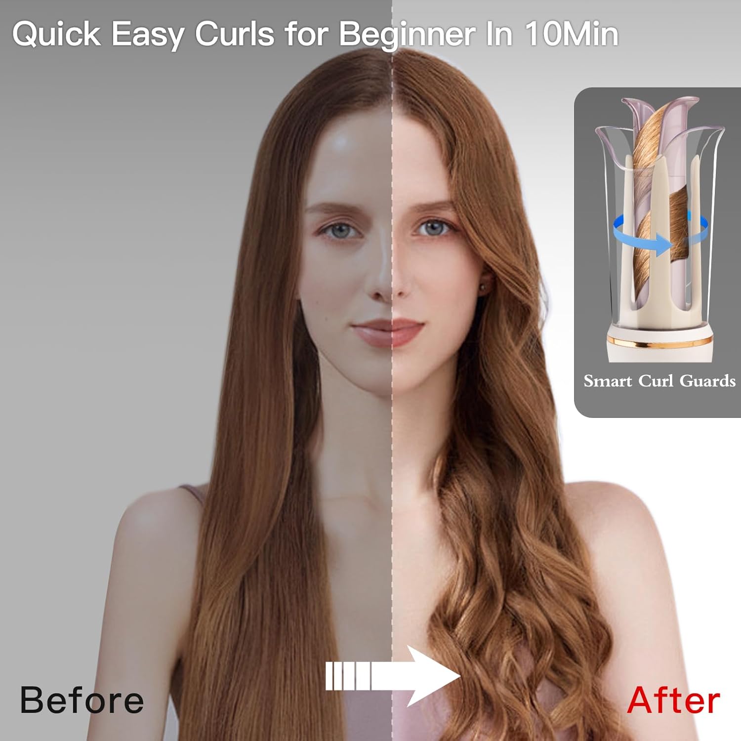 Jekohor Automatic Curling Iron, 7 Temperature Rotating Curling Wand Anti-Scald & Tangle-Free, Portable Fast Heating，1.1"" Large Barrel Ceramic Hair Curler with Auto Shut-Off for Hair Styling, White