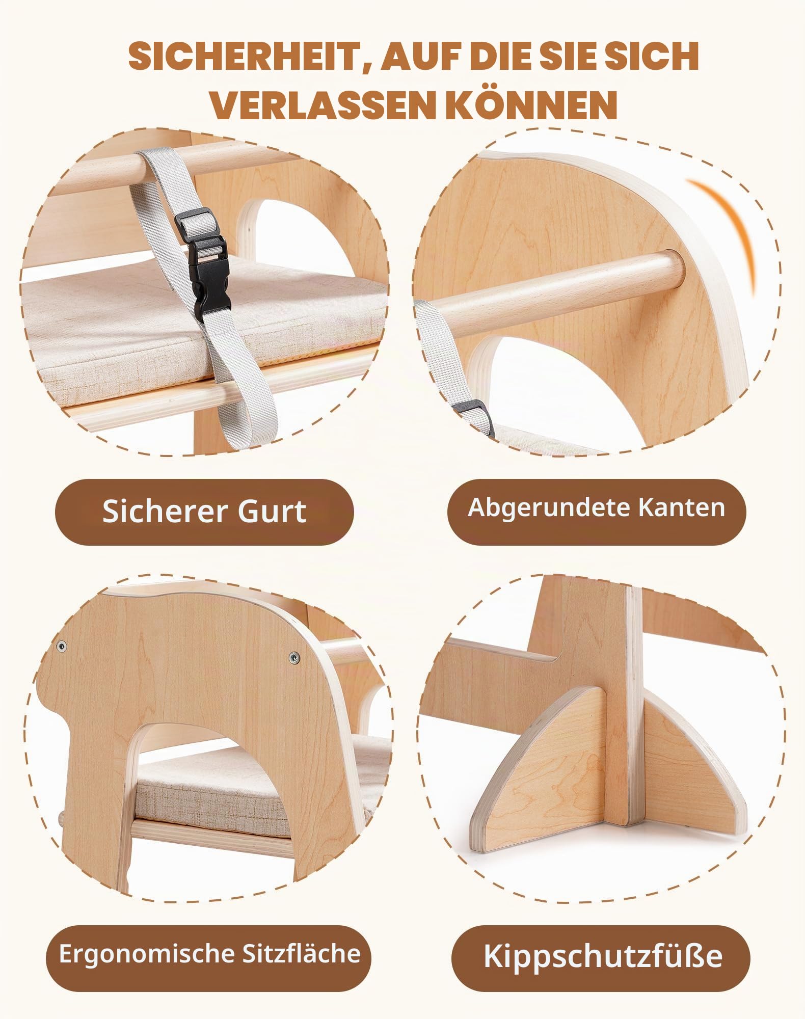 ROBUD Multifunktionaler Holzhochstuhl für Kinder, mit Sicherheitsgurt 6M+