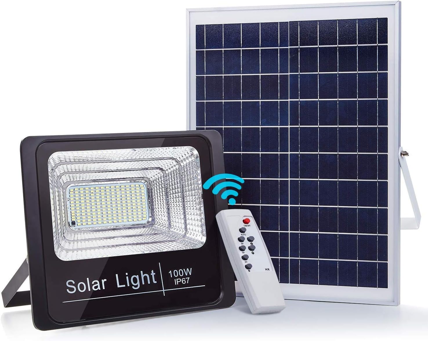 100W LED Solar Flood Light, 180 LEDs 5100LM Super Bright Outdoor Security Lights, Dusk to Dawn Sensor, IR Remote Control, IP67 Waterproof for Yard, Garden, Pathway, Court