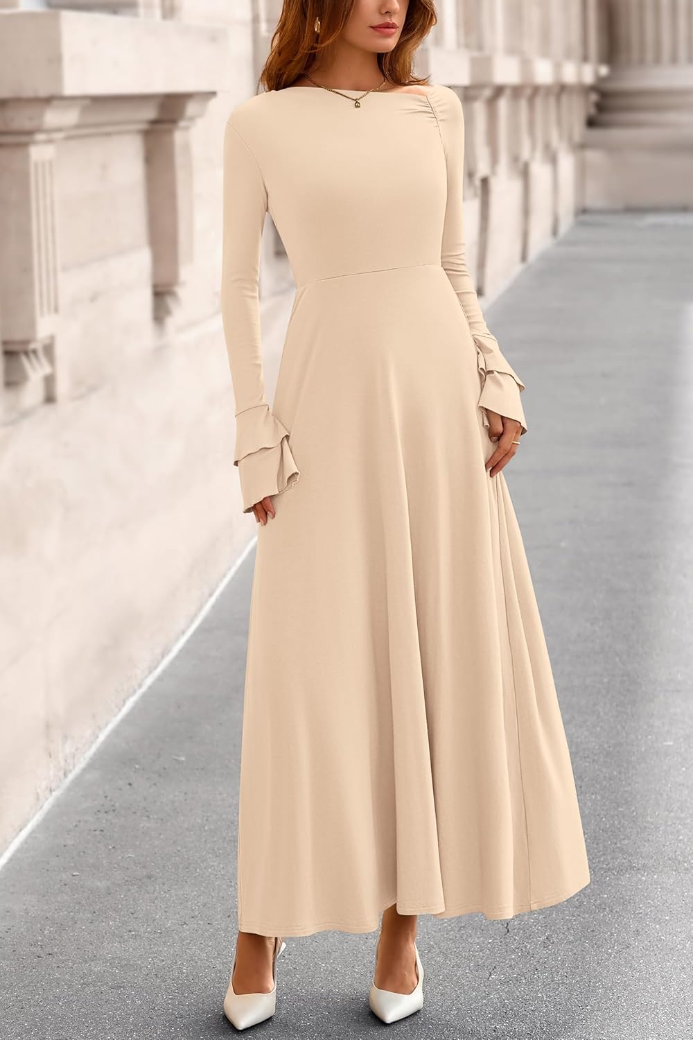 PRETTYGARDEN Womens Dresses Formal Off The Shoulder Long Sleeve Ruched Knit A-Line Maxi Wedding Guest Dress Fall Clothes - Image 3