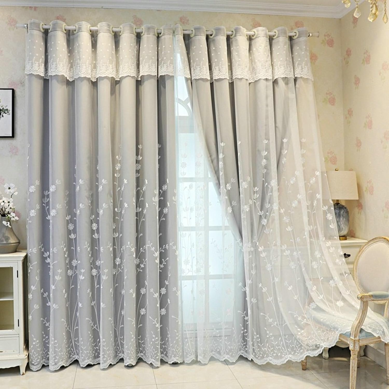 Blackout Curtain 2 Panels Set 54 inch Long, Thermal Insulated Blackout Curtains Eyelets Double Layer Solid Color Embroidered Flowers Curtain Window Treatment Light Grey, 42 x 54 Inch