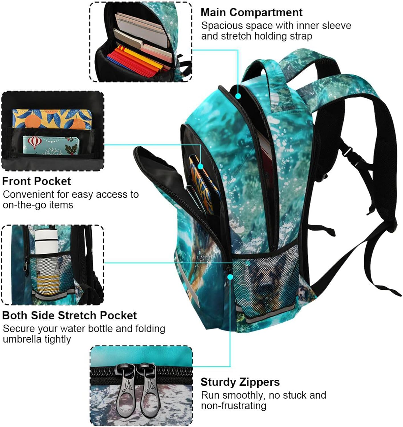 ALAZA German Shepherd Dog Swimming Underwater Backpacks Travel Laptop Daypack School Book Bag for Men Women Teens Kids image 5