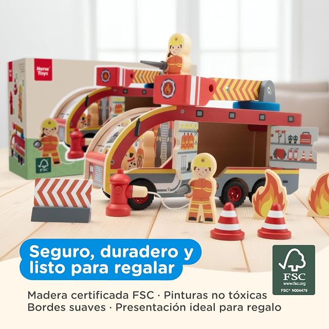 Foto 6 de 7 de Nene Toys Camión de Bomberos de Madera - Juguete Educativo Magnético para Niños desde 2 Años