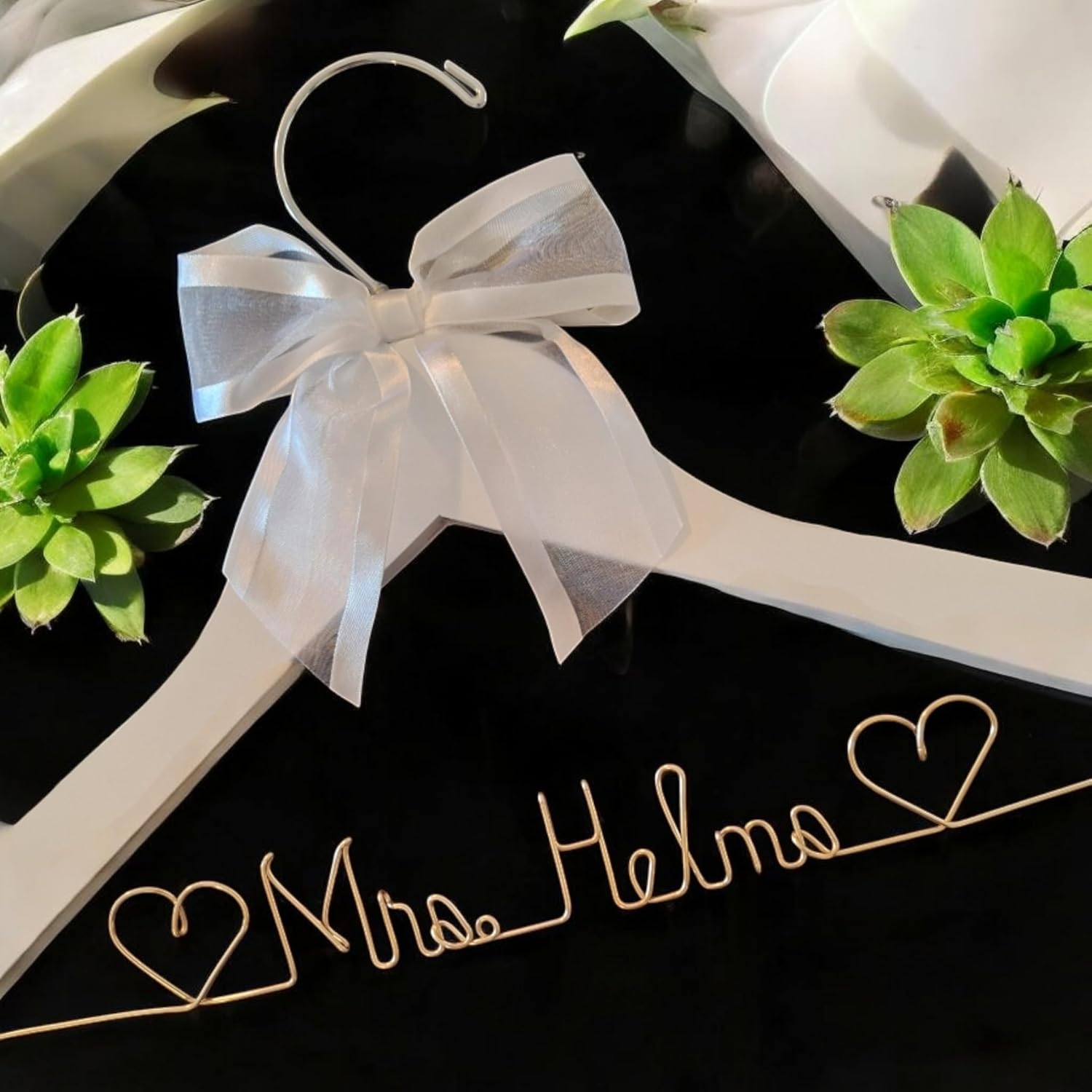 Bride Wedding Hanger for Dress Bride Name Mrs Silver, Gold Wire Writing - Dark Wood or White Wood Hanger with Notches Choice of 10 Bow Colors with or Without Wedding Date, Graduation Gown