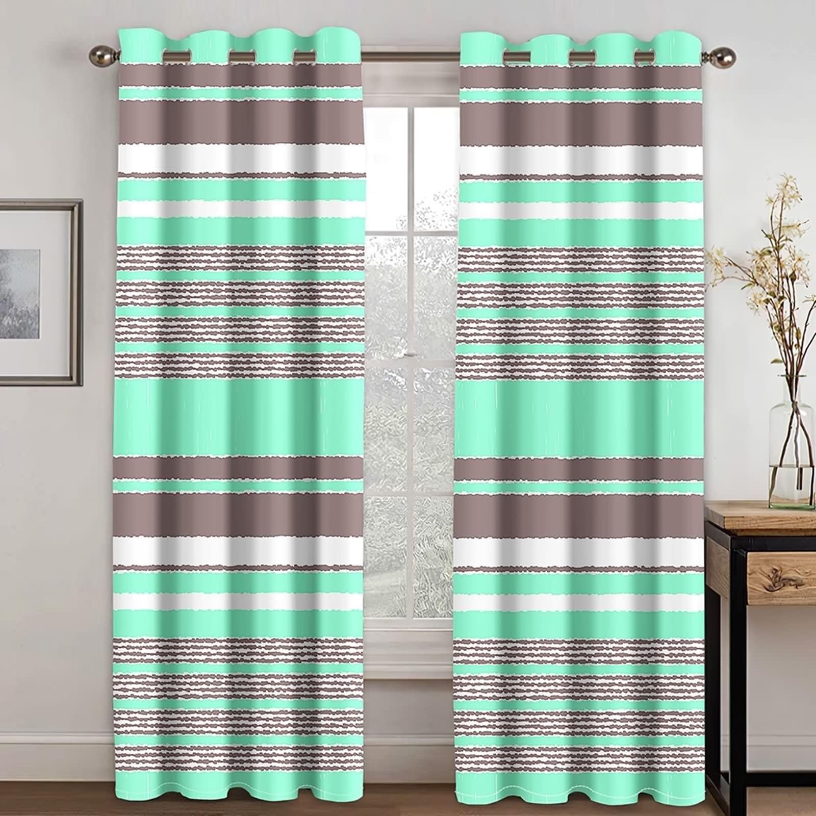 Zasłony nieprzezroczyste, do sypialni, zestaw 2 sztuk, 2 x 132 x 274 cm (wys. x szer.), zasłony kuchenne, nieprzejrzyste, zielone, brązowe, białe paski, zasłona na przelotkach, zasłona z oczkami