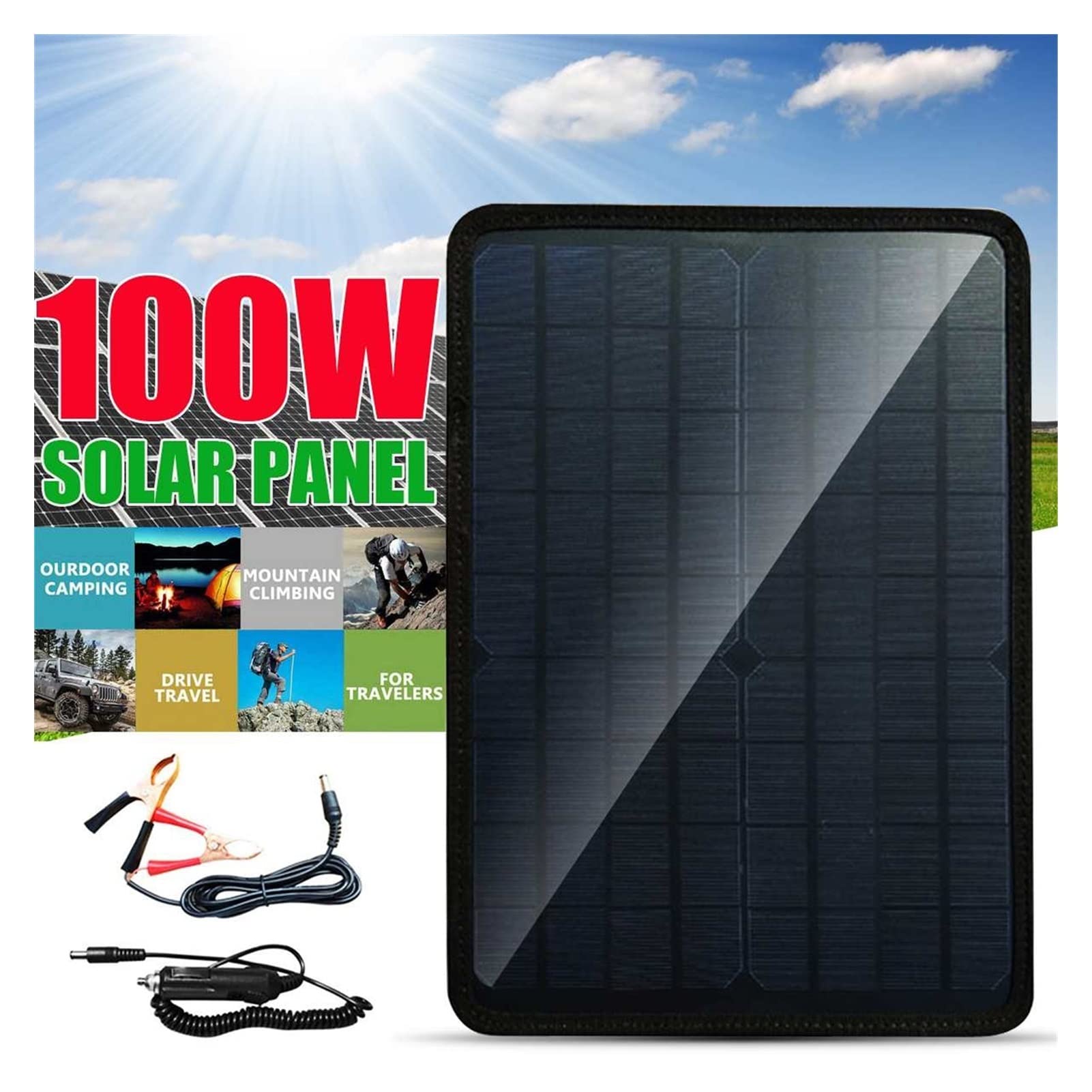 Panel Solar, Cargador de panel solar monocristalino de 100W 5V DC Salida con enchufe de cigarrillo de automóvil + cable de clip de cocodrilo de carga de batería