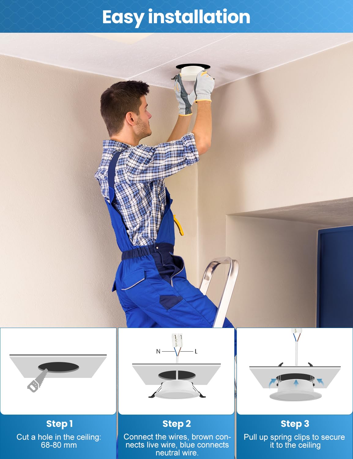 Reflektory wpuszczane LED 230 V Płaskie Zestaw 20 reflektorów LED 5 W 450 LM IP44 Łazienkowe lampy wpuszczane 3000K, średnica montażowa 68-80 mm Lampy sufitowe
