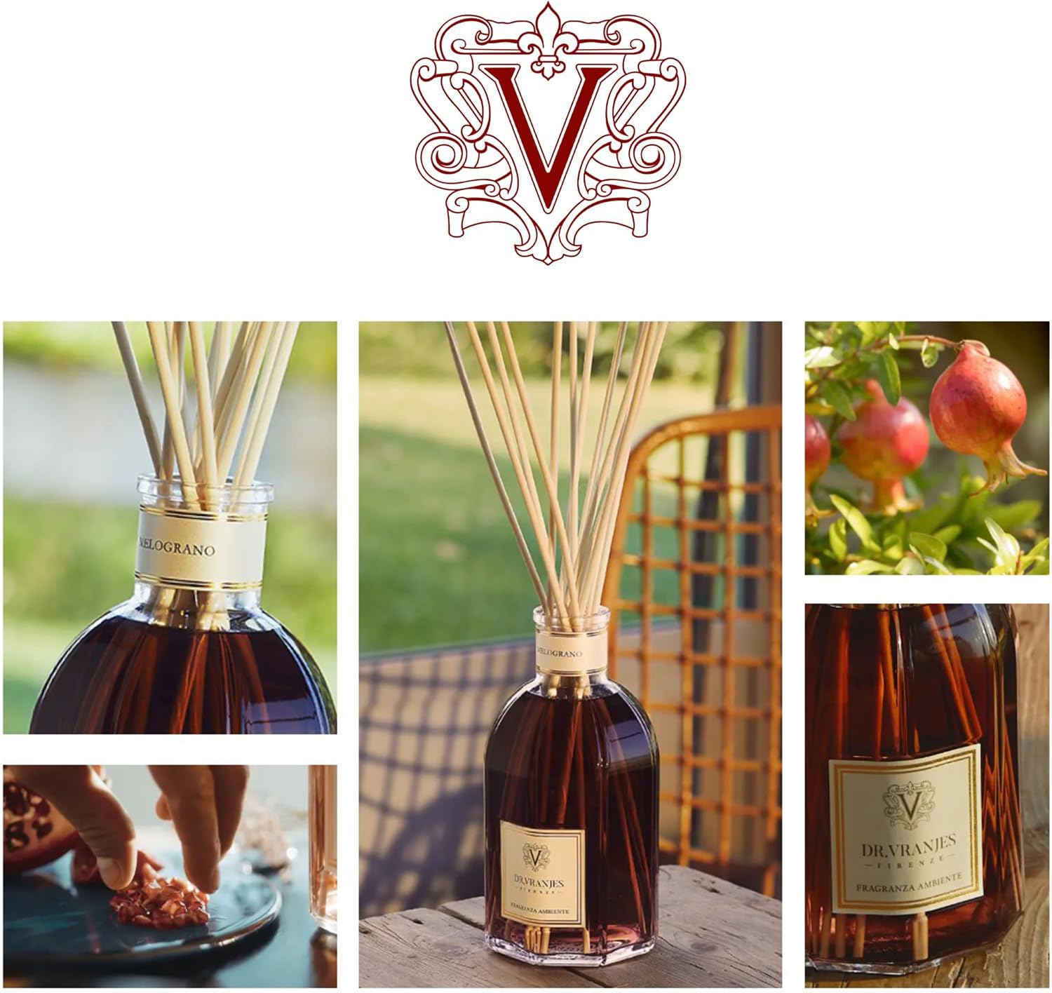 Dr. Vranjes - Melograno 250 ml Diffuser + Doppelback Weiße Stäbchen (3 Stück) – Luxuriöser Raumduft, Hergestellt in Italien, Hauptnoten: Fruchtig, Duftpyramide: Granatapfel, Wassermelone, Jasmin
