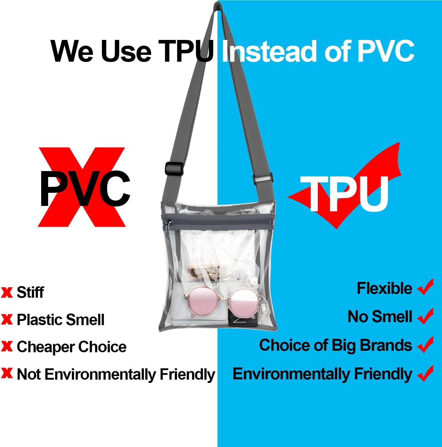 Vorspack TPU Clear Cross-Body Purse Stadium Approves Clear Bag with Inner Pocket and Adjustable Strap for Sports Event Concert Festival - Grey : Sports & Outdoors