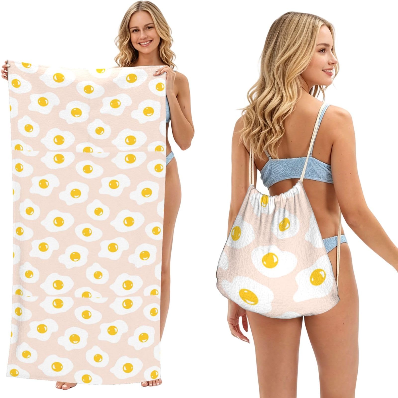 Poadnly As Picture Fried Egg Food Repeat, 2 In 1 Packable Towel Bag, Beach Towels With Drawstring Backpack For Travel Holiday Camping