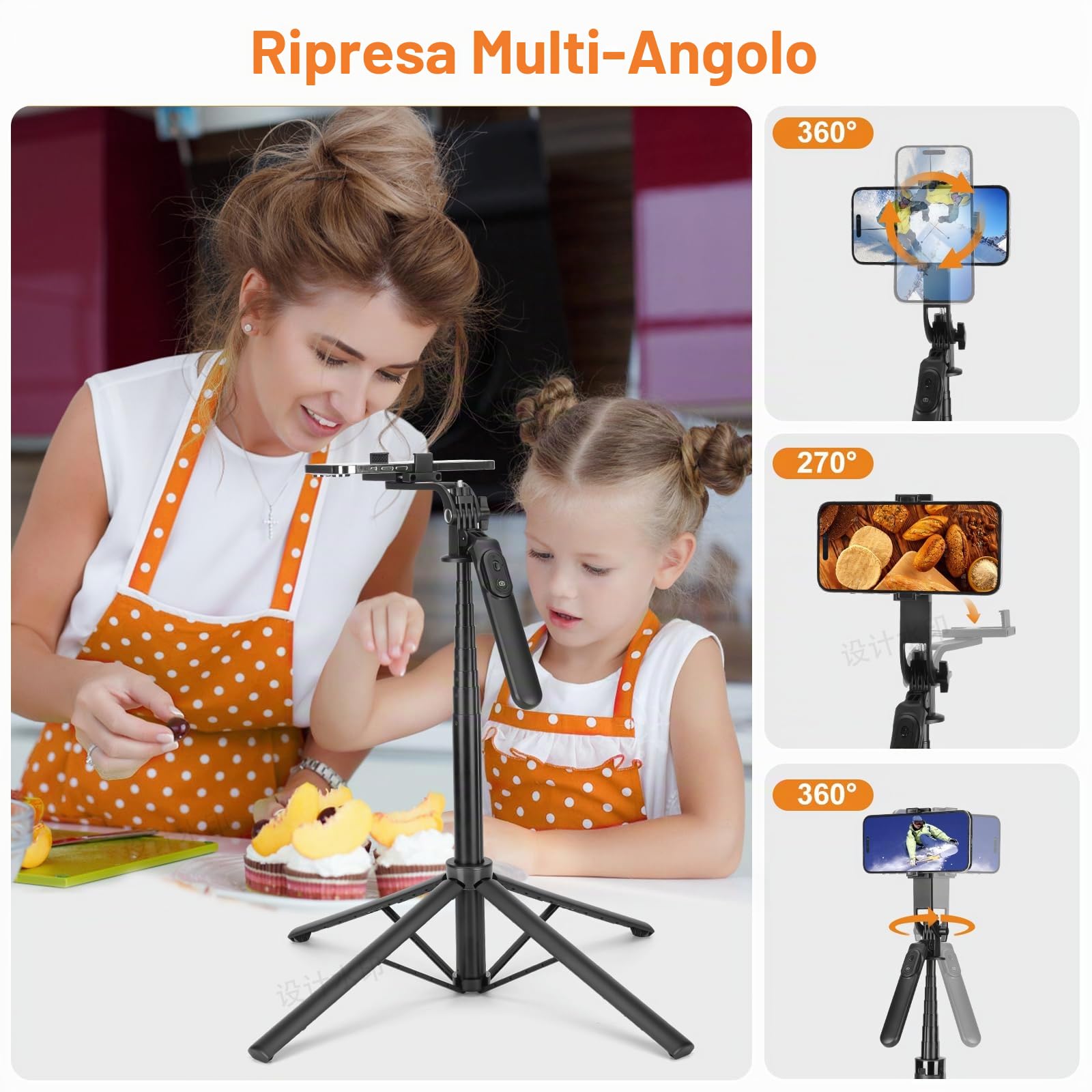 Treppiede per selfie da 177,8 cm, con telecomando ricaricabile, portatile, estensibile, 3 in 1, per registrazione video, selfie da viaggio per iPhone e Android