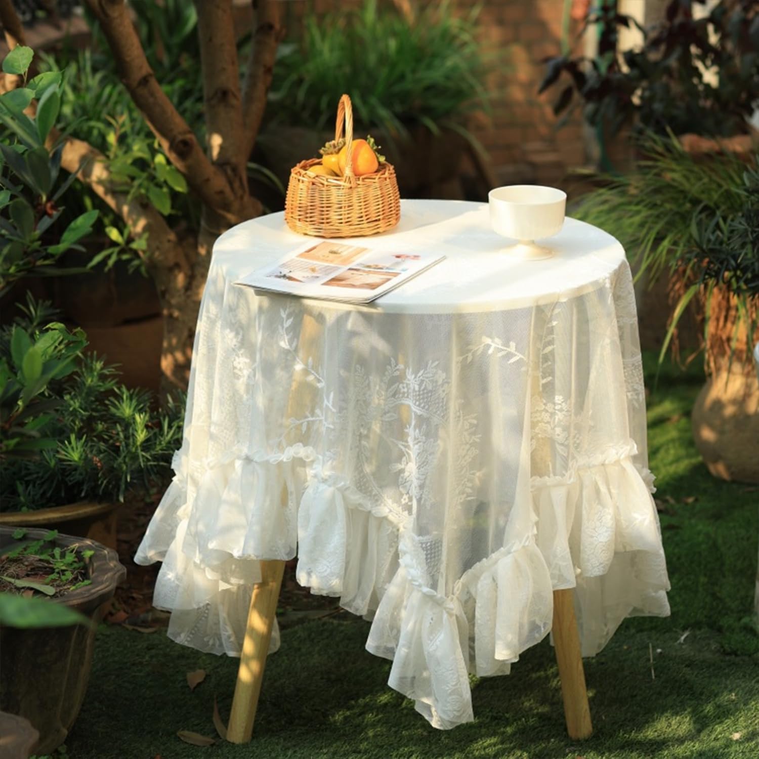 FOELANNE Embroidered Lace Tablecloth, Lace Embroidered Floral Square Tablecloth With Ruffle Edge Multiple Sizes(90x90cm)