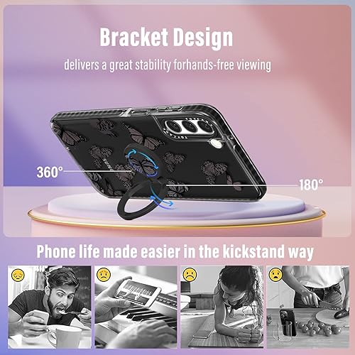 Miniatura 6 de Toycamp Funda para Samsung Galaxy S22 para mujer, diseño femenino de mariposa morada con soporte de anillo (6.1 pulgadas), negro
