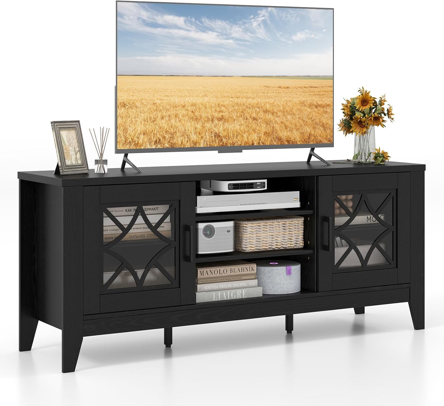 Tangkula Farmhouse TV Stand for TVs Up to 65-in, Classic Media Entertainment Center w/Glass Door Cabinets & 4 Adjustable Shelves, Modern TV Console Table w/ 3 Cable Holes for Living Room (Black)