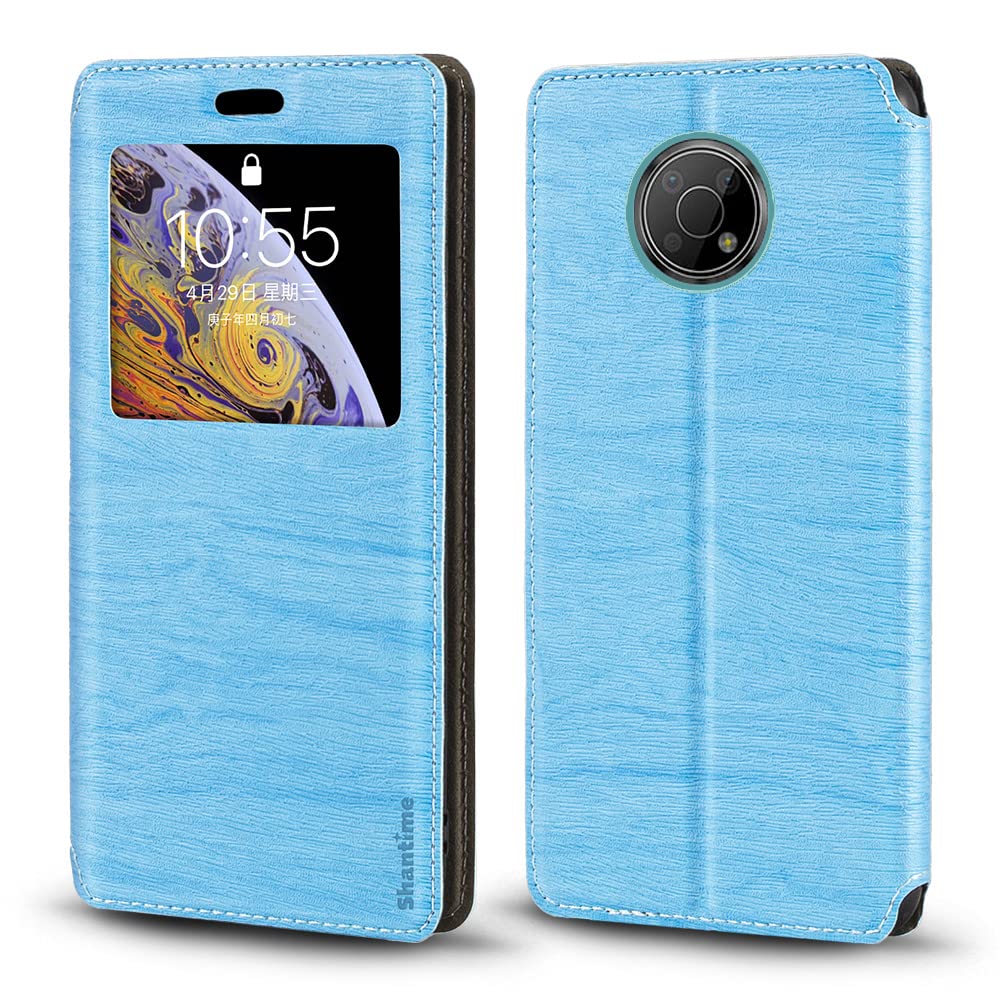 Shantimefor Nokia G300 Case, Wood Grain Leather Case with Card Holder and Window, Magnetic Flip Cover for Nokia G300 (6.52”), Sky Blue