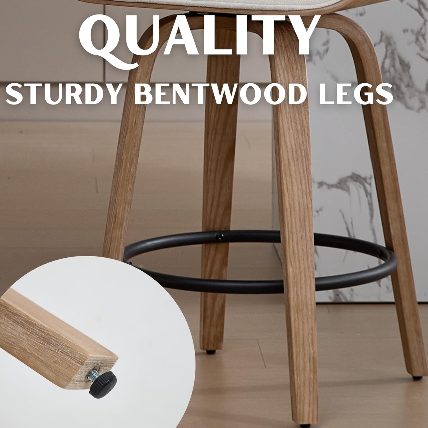 RIVOVA 26" Swivel Counter Height Bar Stools Set of 2, Upholstered Linen Barstools with Back, Modern Kitchen Island Stools Bar Chairs with Bentwood Wood Frame, Beige