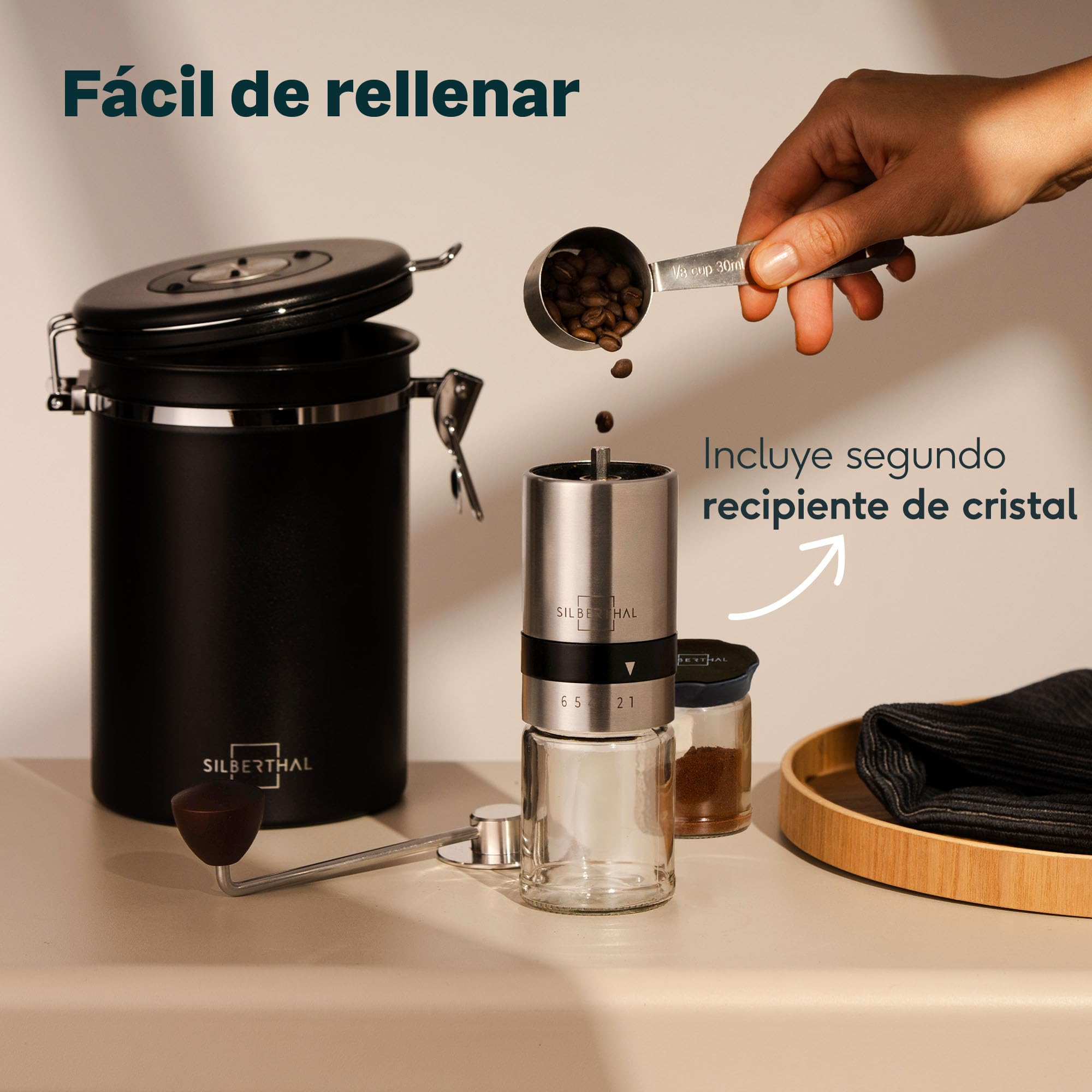 SILBERTHAL Set molinillo, cafetera francesa 1L y tarro - Inox y cristal | 6 niveles de molido - Acero inoxidable y cristal - Ideal para los amantes del café - Disfruta del café como un barista