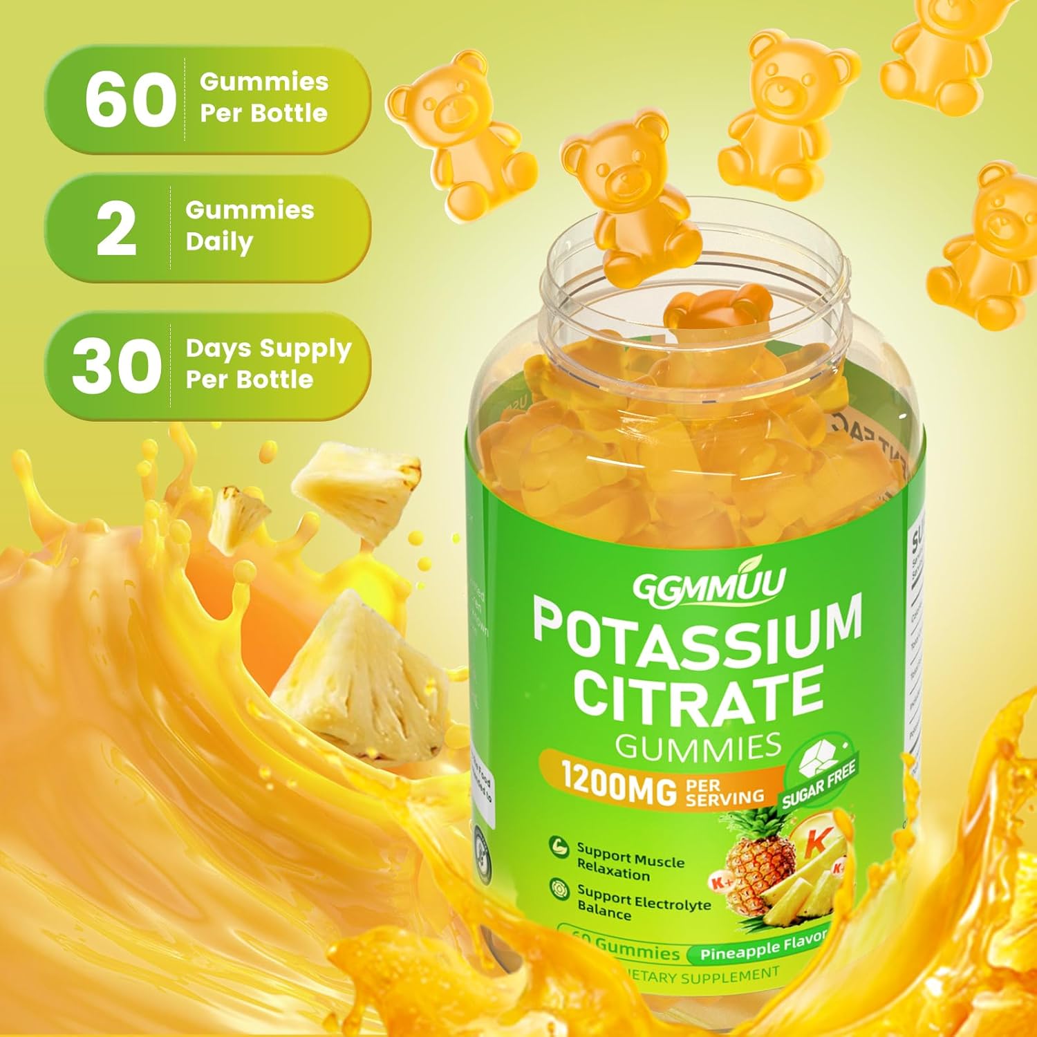 2 Pack Potassium Citrate Gummies 1200mg, Sugar-Free Potassium Supplement for Adults & Kids - Supports Muscle Health, Leg Cramps & Electrolyte Balance, Vegan, Pineapple Flavor, 120 Count